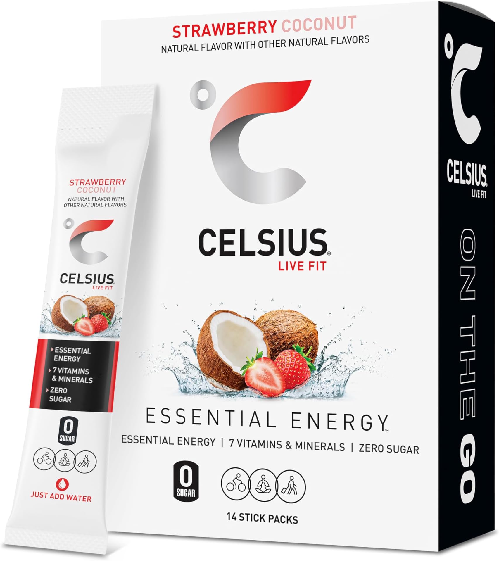 CELSIUS On The Go Strawberry Coconut, Sugar Free Energy Drink Mix (14 Sticks per Pack)