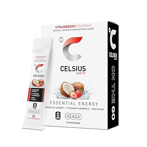 CELSIUS On-the-Go - Mezcla de bebida energética esencial, fresa y coco (paquete de 14 barritas)