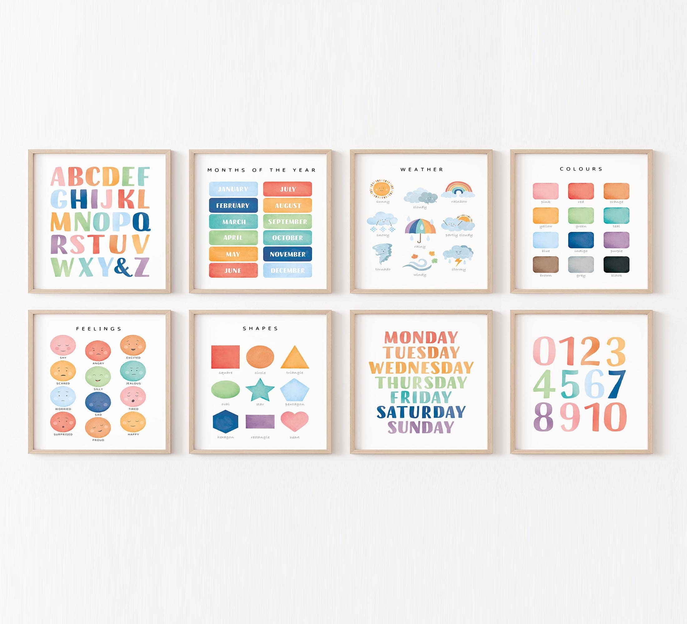 Set of 8 educational posters For Kindergarten, Toddlers, Kids, 3rd Grade, PreK Learning Chart, Classroom Homeschool Preschool Supplies, ABC Alphabet Alphabet, Count, Numbers, Colors kids wall art