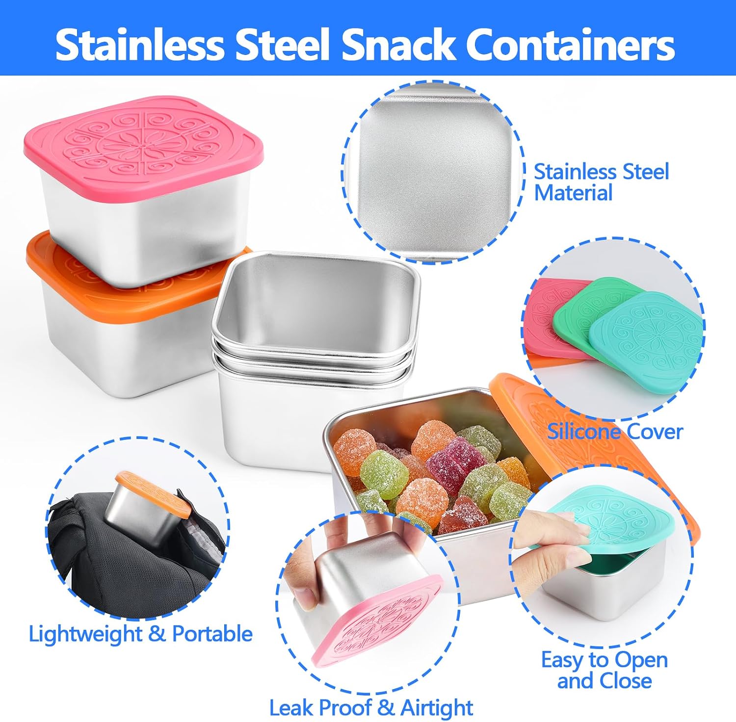 6 Pack 180ml/6oz Stainless Steel Snack Containers with Silicone Lids image 3