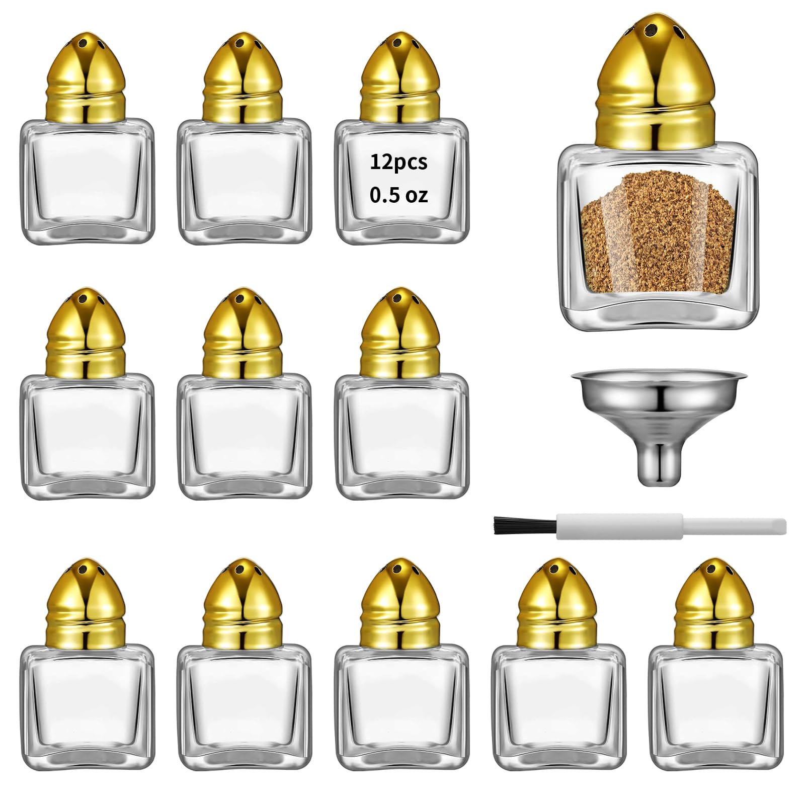 Photo 1 of 12 Pcs 0.5 oz Cube Shape Small Salt and Pepper Shakers with Tone Tops Clear Mini Glass Seasoning Jars Spice Salt Shakers with Funnel for Wedding Party Restaurant Home Kitchen (12, Gold)