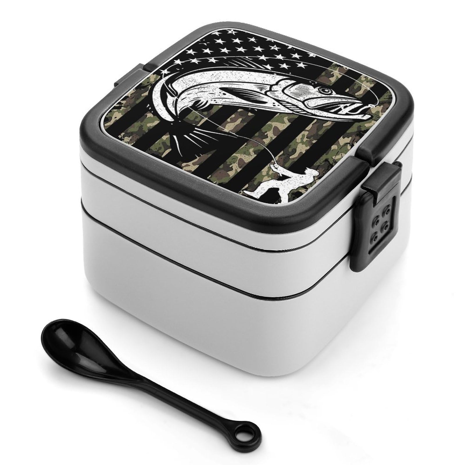 CGSBNGHA Americans-Flag Camouflage Bass Fishing Bento Lunch Box 2 Layer Lunchbox Food Container for Adults Office