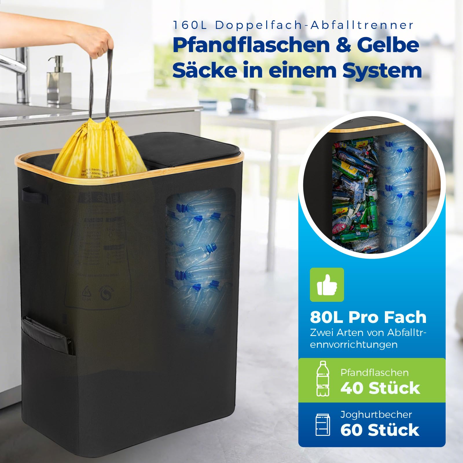 Gelber Sack Ständer 2-in-1 160L Mülleimer mit Deckel für 60L-120L Gelber Sack, Müllsystem für Küche & Haushalt - Schwarz
