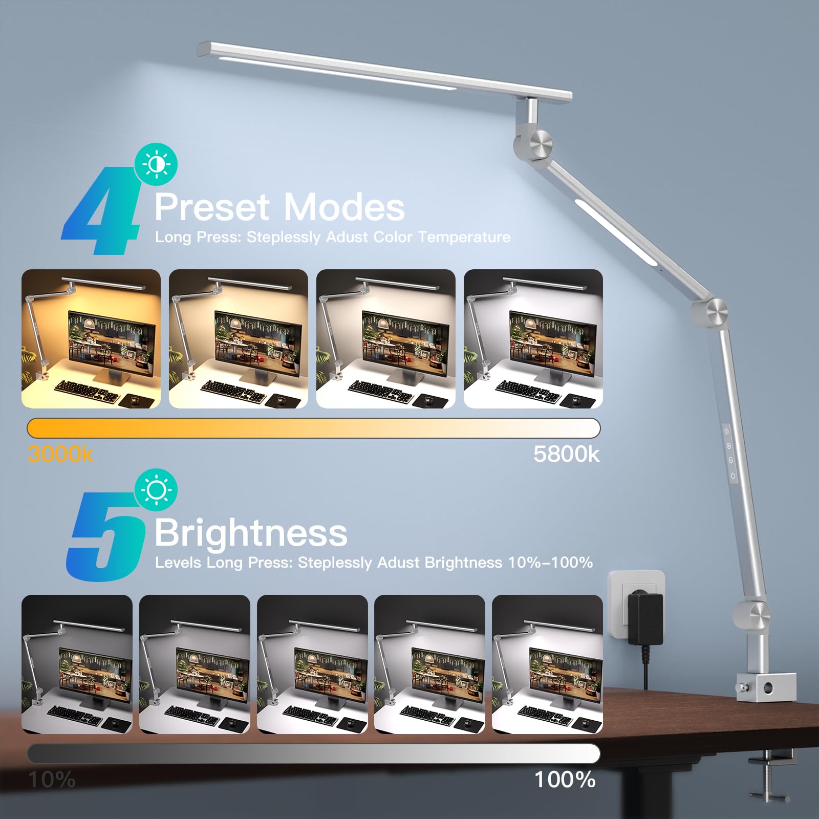 VERSKI Schreibtischlampe LED, Dimmbar 18W Doppelte Lichtquelle Schreibtischlampe für Homeoffice, Klemmbar Augenschutz Tageslichtlampe, 5 Farbtemperaturen und Helligkeit Einstellbare Büro Tischlampe