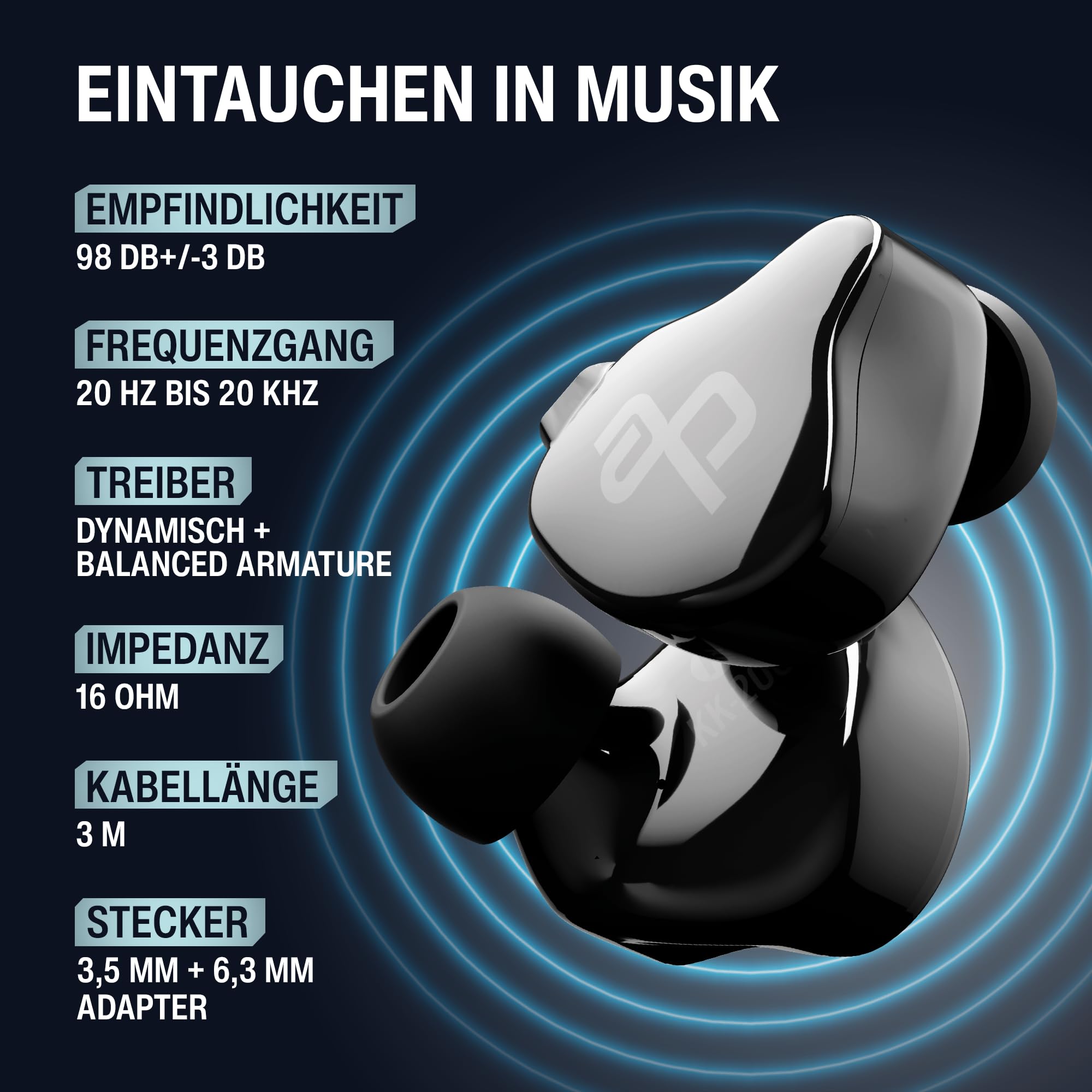 audio pirates - Jimmy KK-200 - słuchawki douszne, wtyczka jack, etui, dźwięk Hi-Fi, kabel 3 m, adapter 6,3 mm, 3 rozmiary zatyczek do uszu – słuchawki Hi-Fi, słuchawki PC, słuchawki sportowe, wtyczka