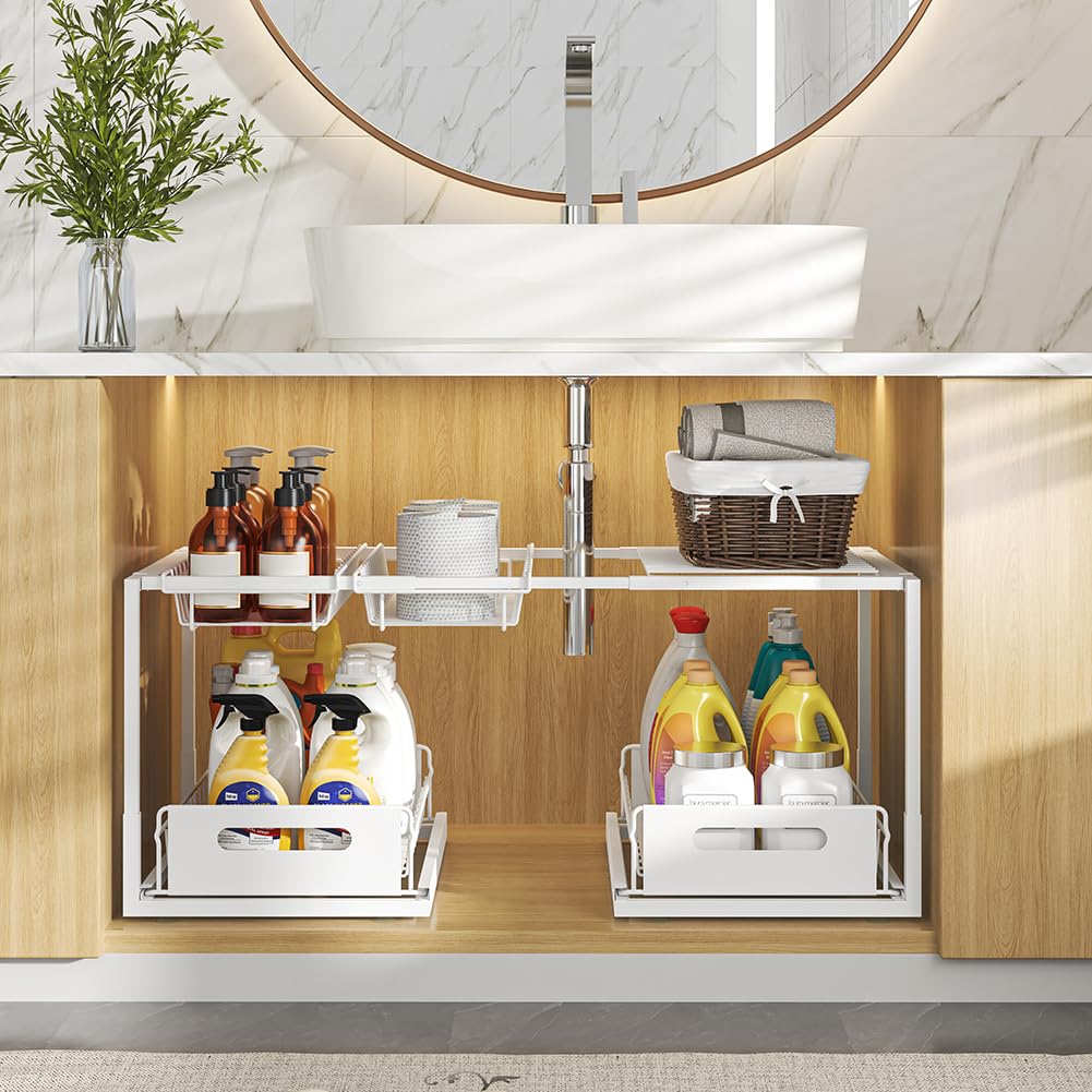 YunNasi Organizer Sottolavello Cucina, Salvaspazio 2 Livelli Cestelli in Acciaio, Cassetto Scaffale Organizzatore Regolabili in Altezza per Cucina Bagno (Nero, B-Stile)