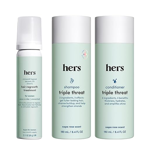 Hers Triple Threat - Juego de champú, acondicionador y mininoxidil – Tratamiento de pérdida de cabello para mujeres – Incluye 5% de espuma de