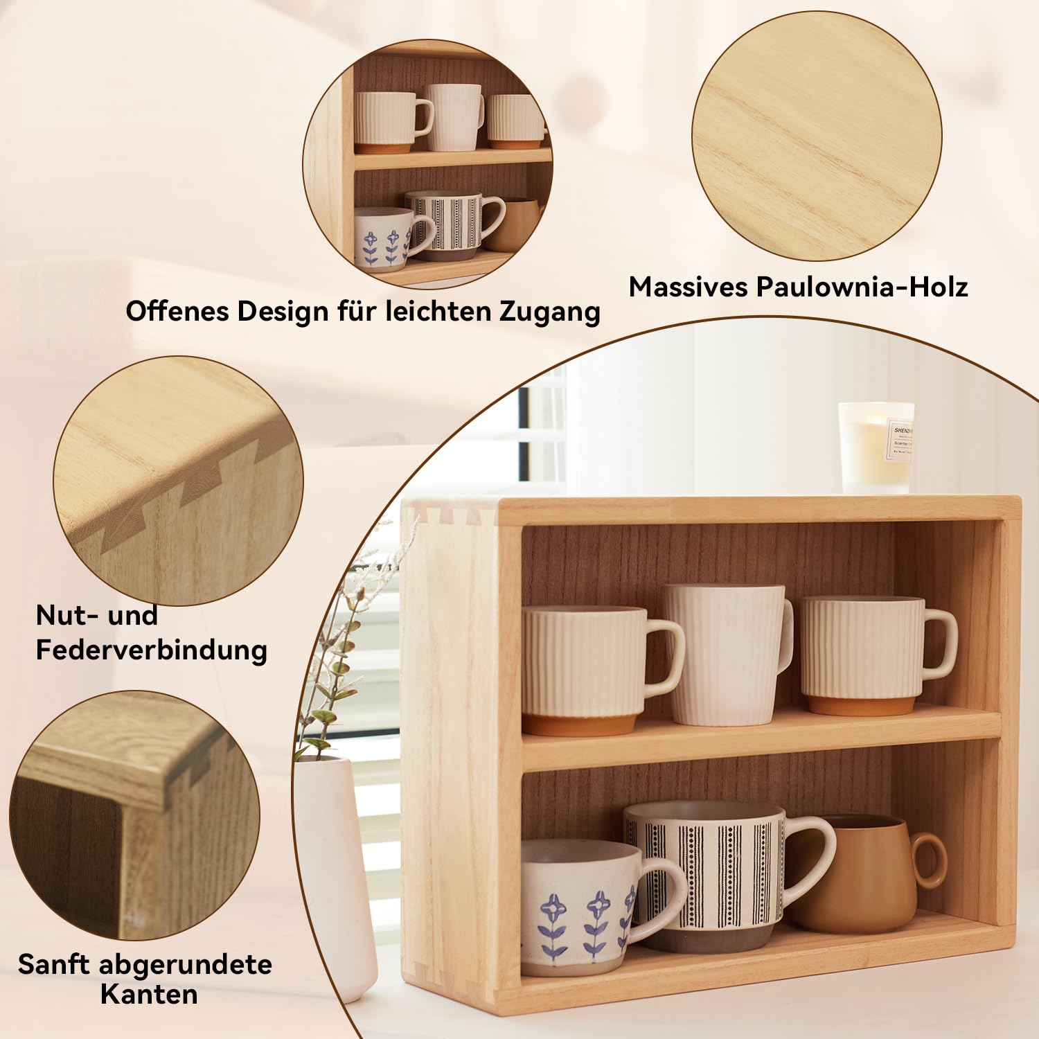 KIRIGEN Holzregal, Küchenregal und Schreibtisch-Organizer, Natur | 2 Ebenen; ca. 41 × 13 × 31,3 cm; Paulownia-Massivholz; Schlitz-und-Zapfen-Verbindung; fertig montiert; Pflanzenöl-Finish