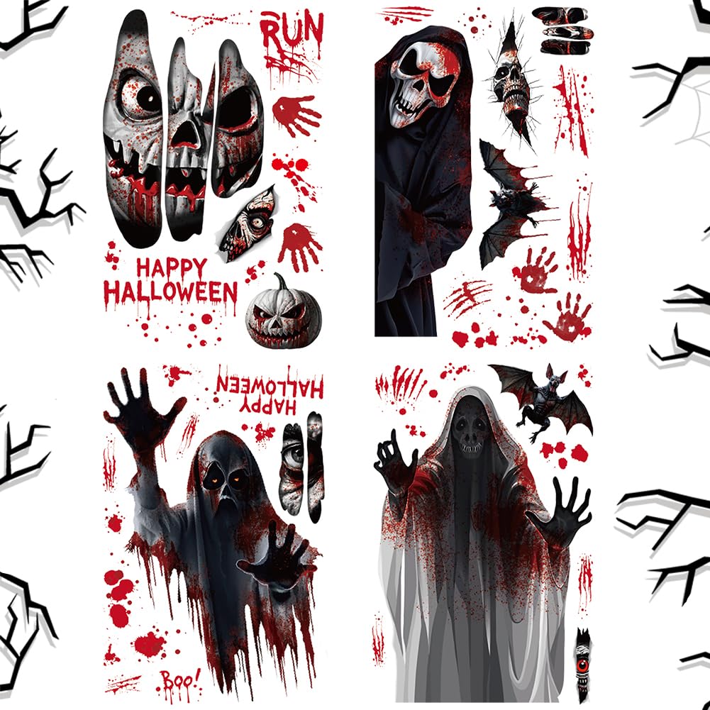 Wfkkmeq B Halloween Scary Window Decorations, Removable Electrostatic Window Sticker, Double Sided Halloween Decals, Scary Accessories For Party, Party Decor Supplies (4 Sheets)