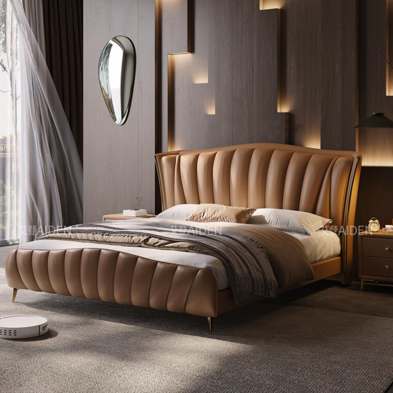 Brown King Size Genuine Leather Bed Upholstered Platform Bed Frame with Headboard and Lift Up Storage Wooden Slats