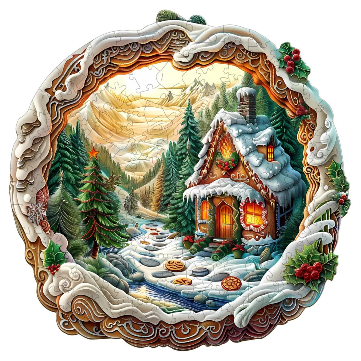 Jollitot Wooden Puzzles Adults, 3D Christmas House Wooden Puzzles 200 Pieces, Unique Animal Shaped Wood Challenging Jigsaw Puzzles Gifts for Adults,