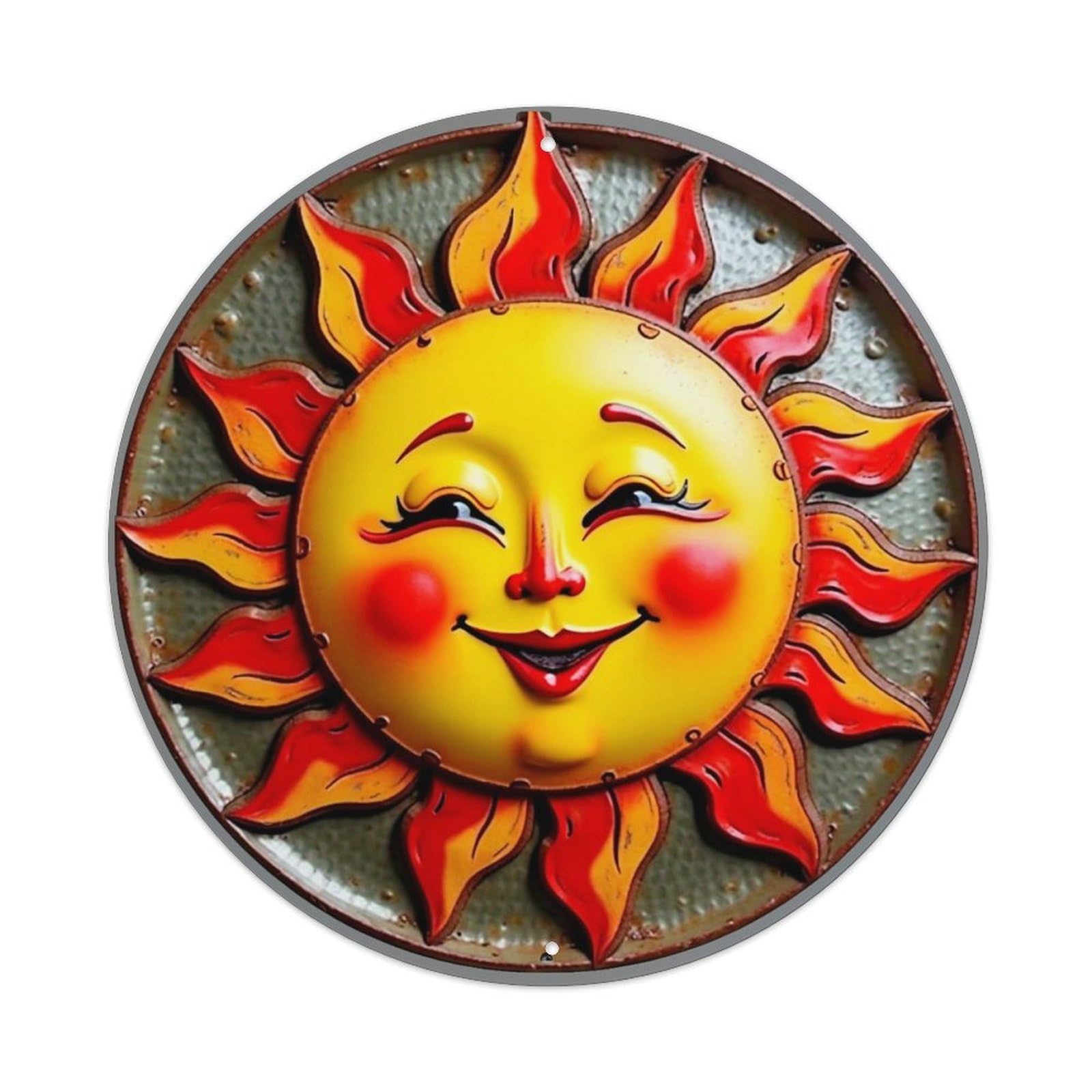 Sun Face With Radiant Flames Vintage Round Tin Sign Retro Metal Wall Decor Metal Poster, Home Bar Garage Cafe Wall Art Decoration 8x8Inches