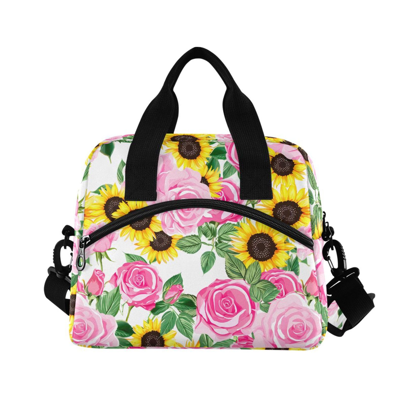 Insulated Lunch Bag Reusable Cooler Rose Sunflowers White Lunch Box Adjustable Shoulder Strap for Office Picnic School