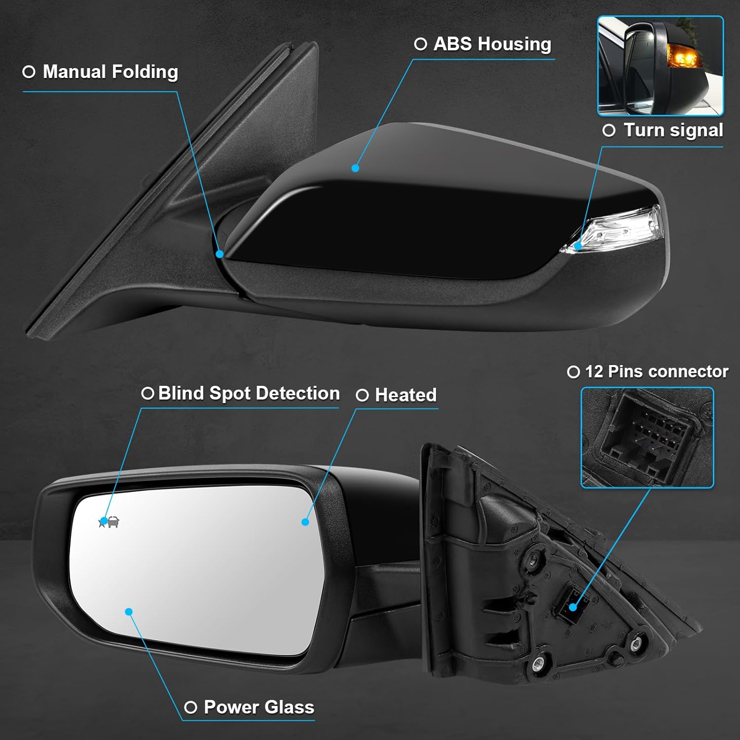Left Driver Side Mirror Compatible with Chevy Malibu 2016 2017 2018 2019 2020 2021 2022, Rear View Mirror with Blind Spot Detection/Memory/Heated/Turn Signal Light/Manual Folding (12Pins, Gloss Black)