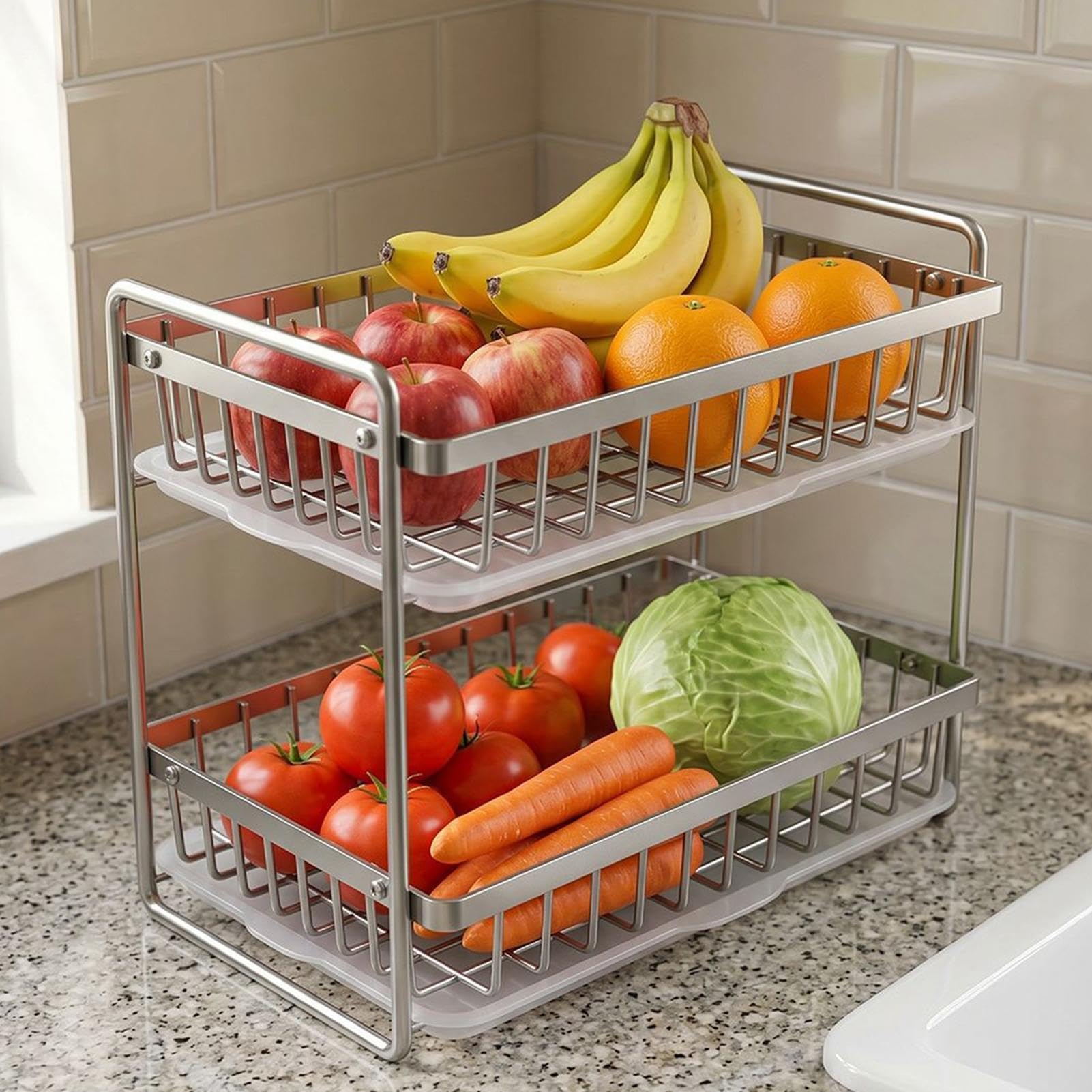 Escurridor de Vasos de Vidrio Estante de Acero Inoxidable de Dos Niveles | con Bandeja de Antihumedad para Especias para Tazas de Café, Platos y Botellas en Cocina,