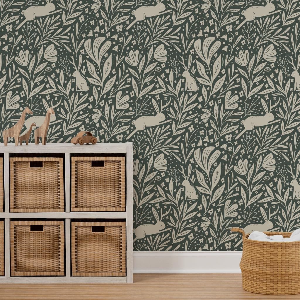 Spoonflower Peel & Stick Wallpaper 9ft x 2ft - Antlered Rabbits Flowers Green Medium Scale Leaves Floral Woodland Whimsical Folk Custom Removable Wallpaper