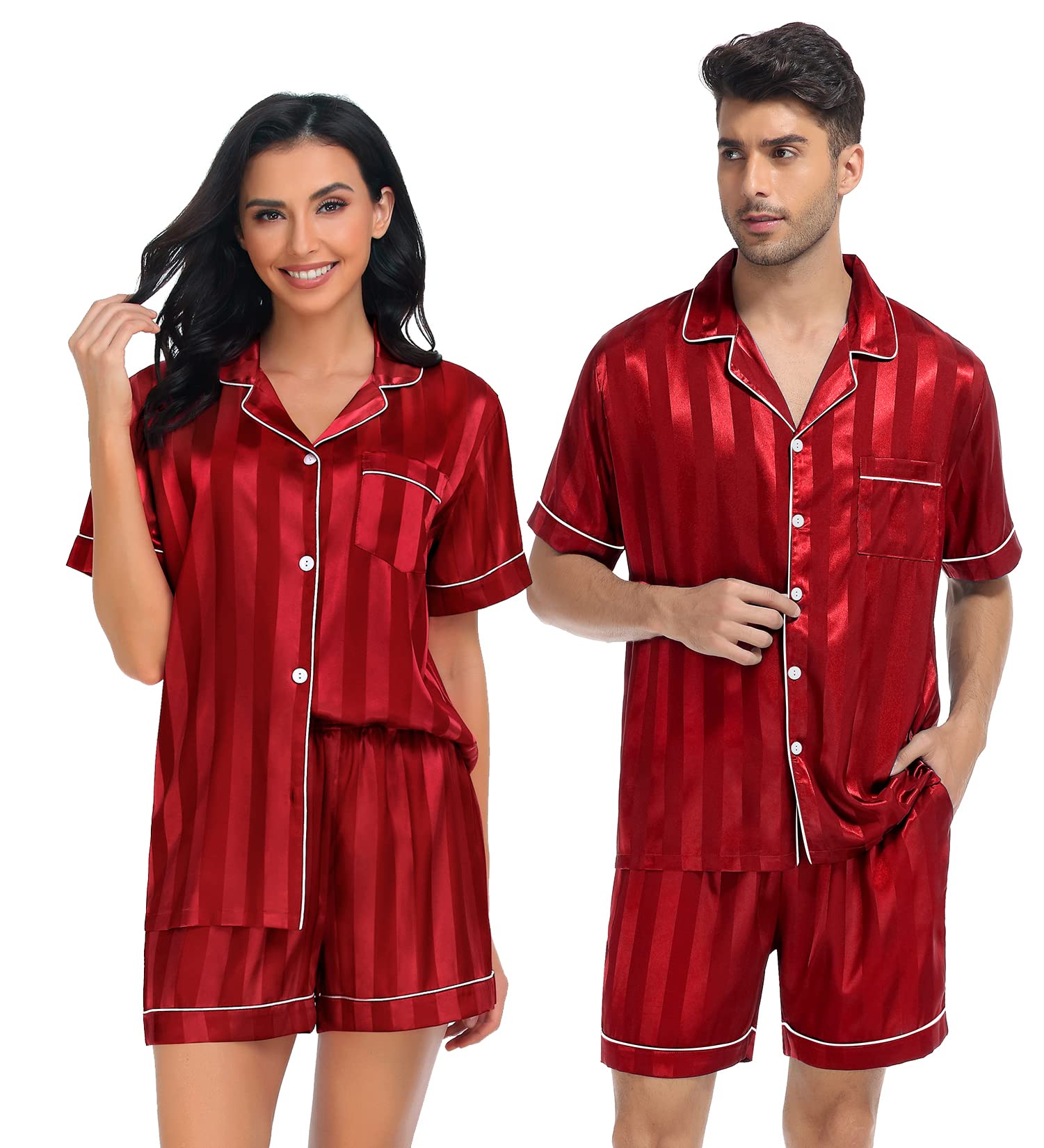 SWOMOG Satin Matching Pajamas Sets Couple Silk Button Down Nightwear Women &amp; Men Short Sleeve Sleepwear 2 Pieces Loungewear
