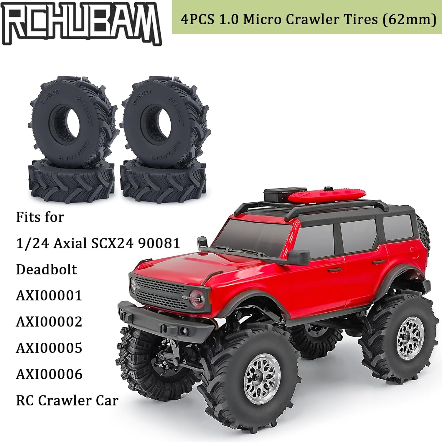 RCHUBAM 4PCS 1.0" Micro Crawler Tires Rubber Mud Tires for 1/18 TRX4M 1/24 Axial SCX24 90081 AXI00001 AXI00002 AXI00005 AXI00006 RC Crawler Car (62mm)