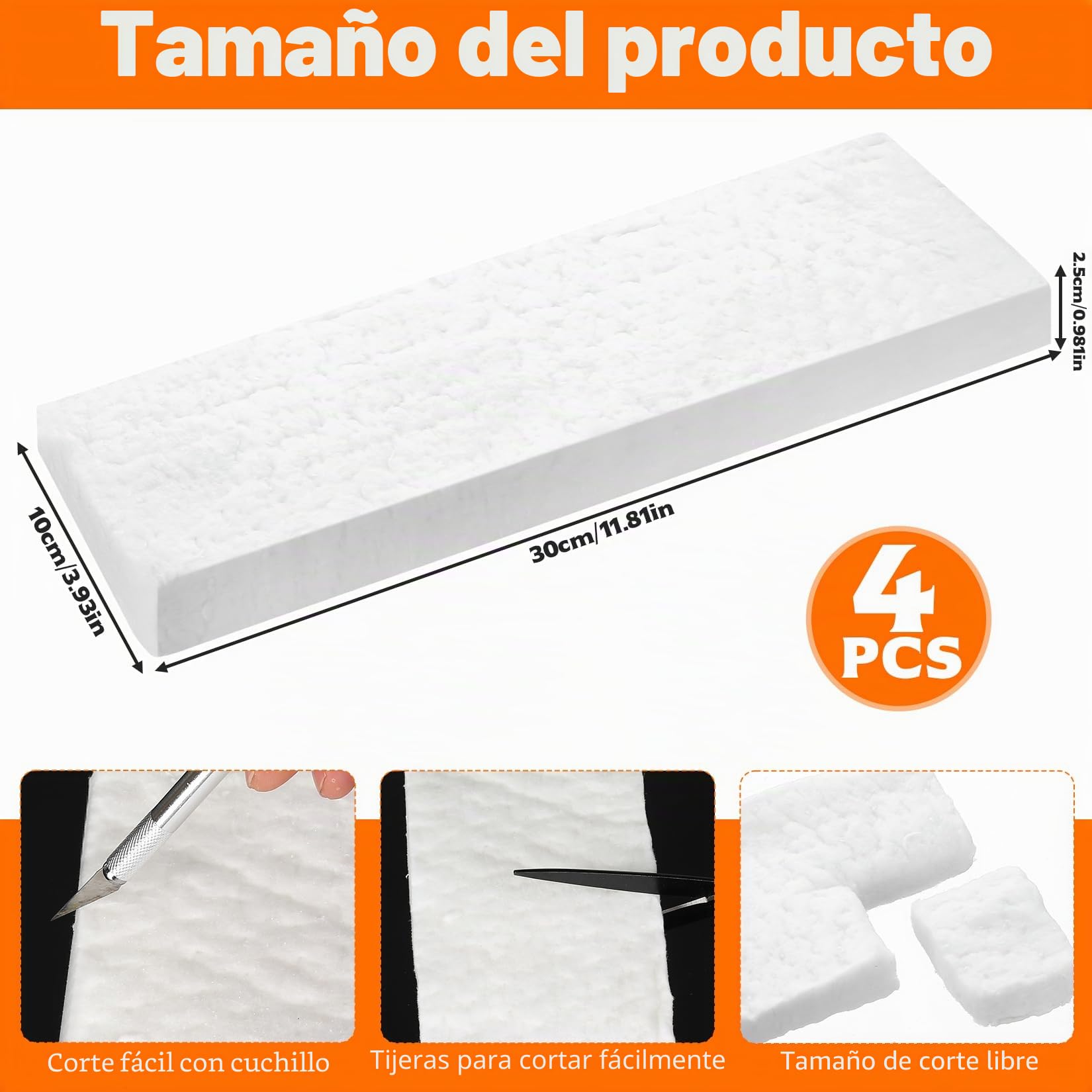 4 Piezas Lana Cerámica para Chimeneas de Bioetanol, Esponja Cerámica Resistente al Calor para Chimeneas de Mesa, Fibra Cerámica para Chimeneas Interiores de Gel Etanol (300x100x25mm)