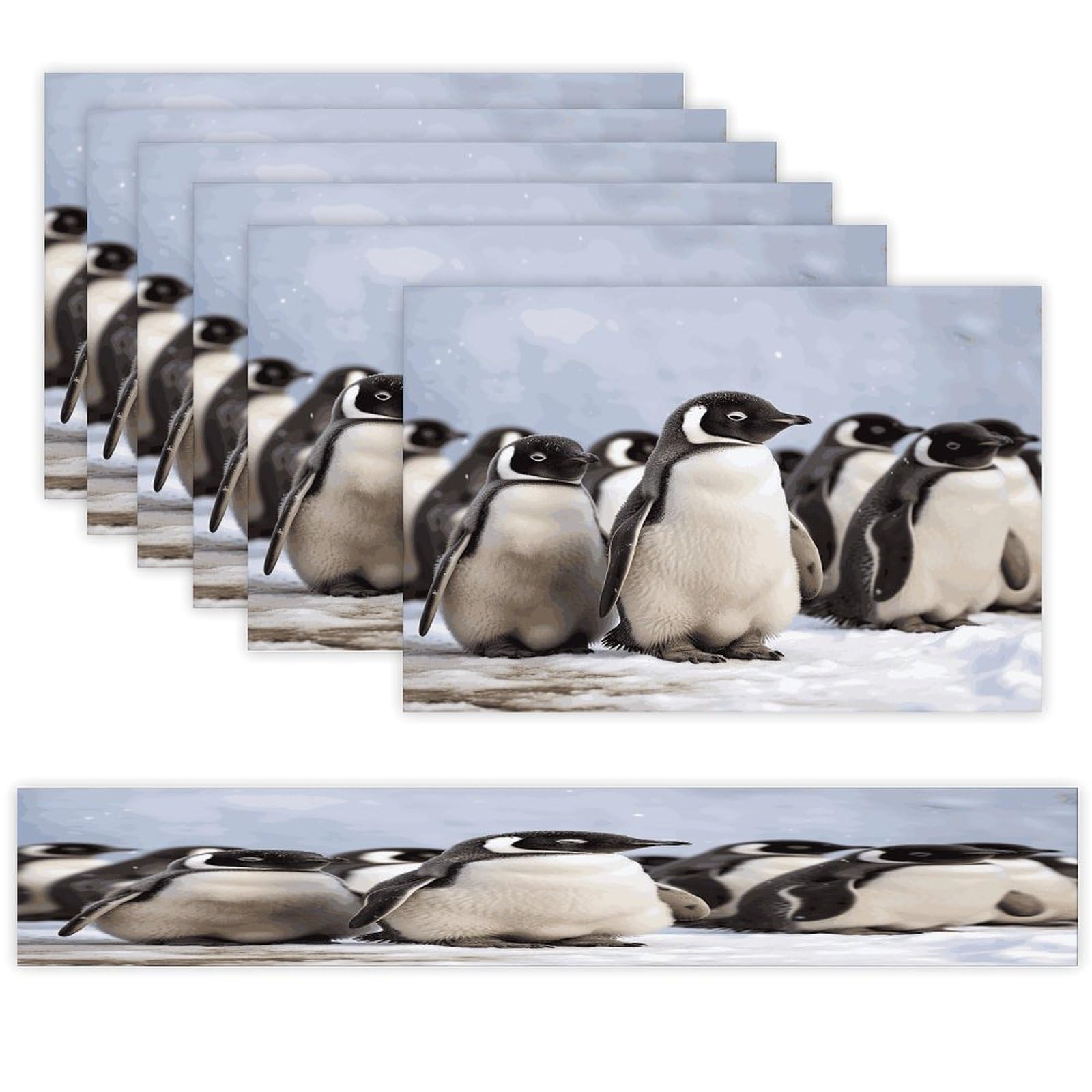 Young Penguins with Snow Table Runner and Placemats Set of 6 Heat Resistant Washable Table Runners Dining Mat Sets Modern Cloth Place Mats Linen Table Decor for Kitchen Dining Room