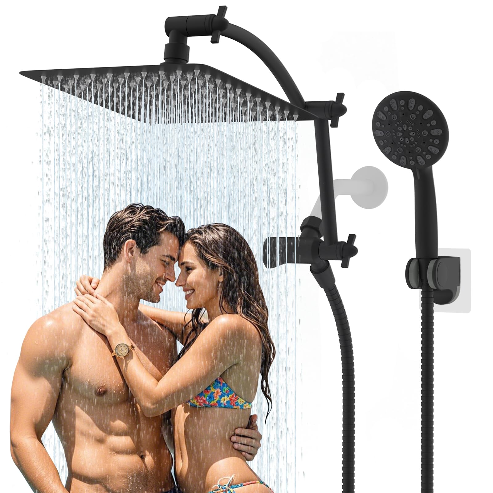 Hibbent All Metal Shower Head,10'' High Pressure Rain Shower Head/Handheld Showerhead Combo, 16'' Adjustable Arc-shaped Shower Extension Arm, 7-Spray, 71'' Hose Adhesive Showerhead Holder, Matte Black