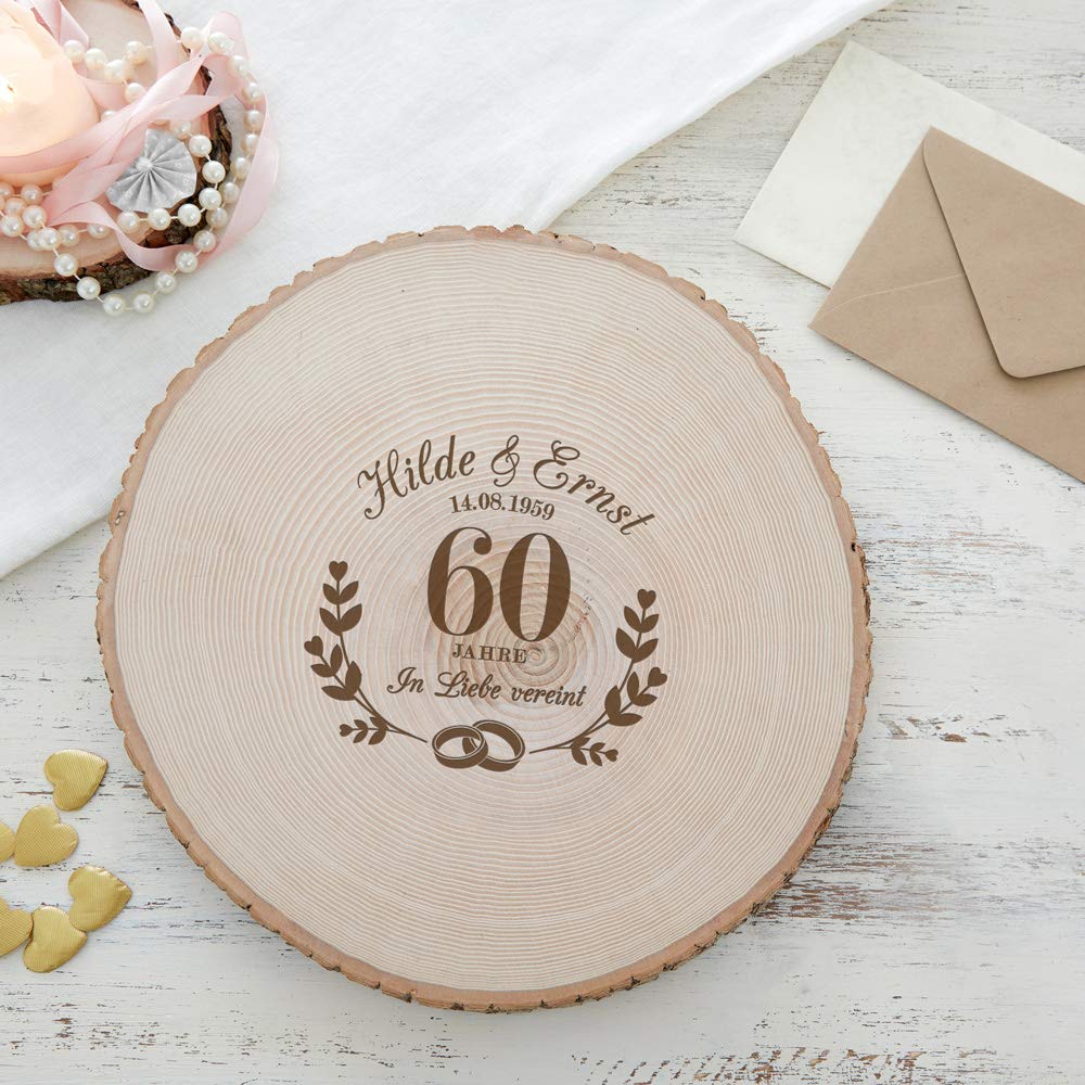Casa Vivente Große Baumscheibe mit Gravur zur Diamant-Hochzeit Personalisiert mit Namen und Datum, In Liebe Vereint, Wand-Deko, Türschild, Gästebuch, Geschenkidee für Paare zum 60. Hochzeitstag