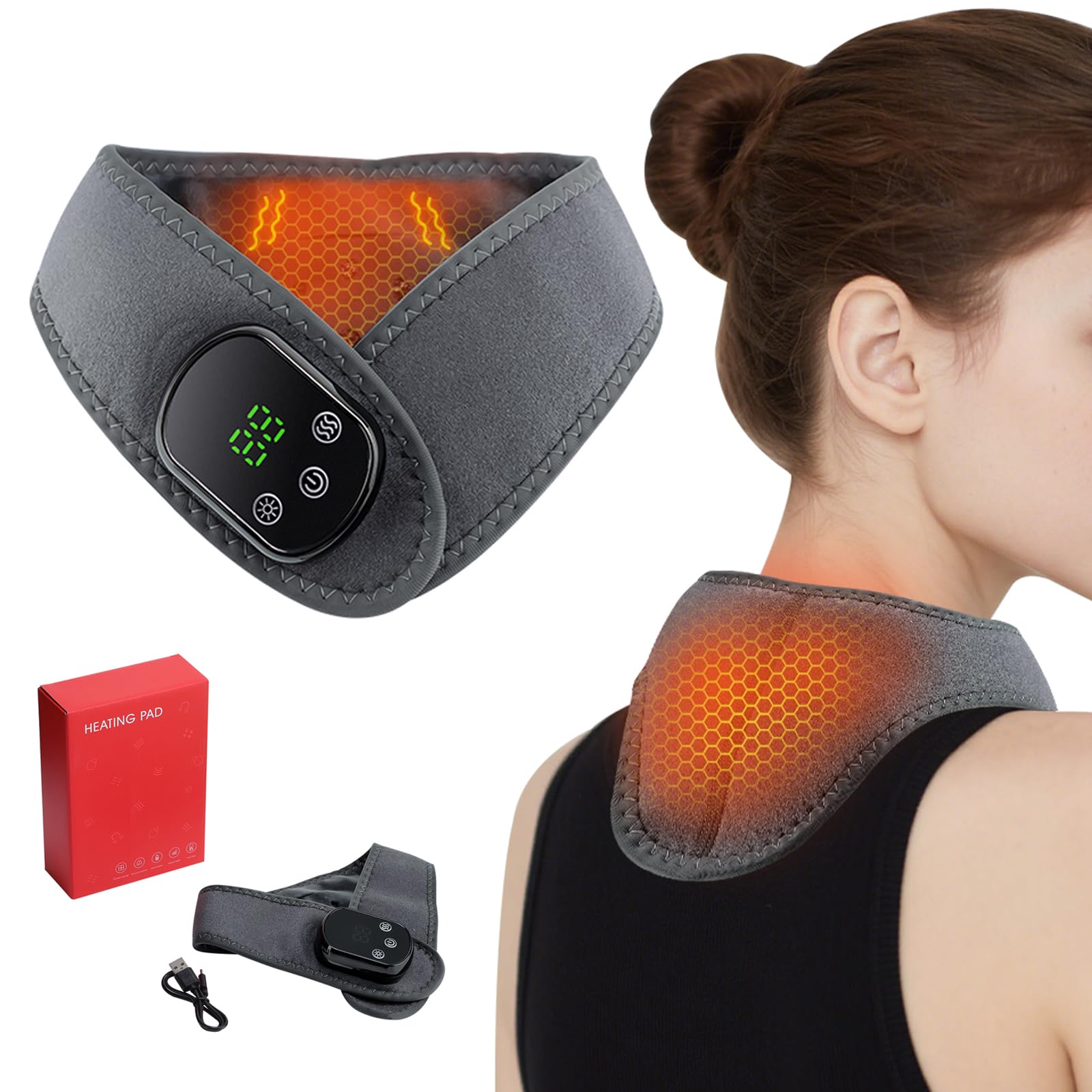 Electric Neck Massager with Heat - 3-Level Heating & Vibration for Pain Relief, Rechargeable Heated Neck Wrap - Relax Stiff Muscles at Home, Office,