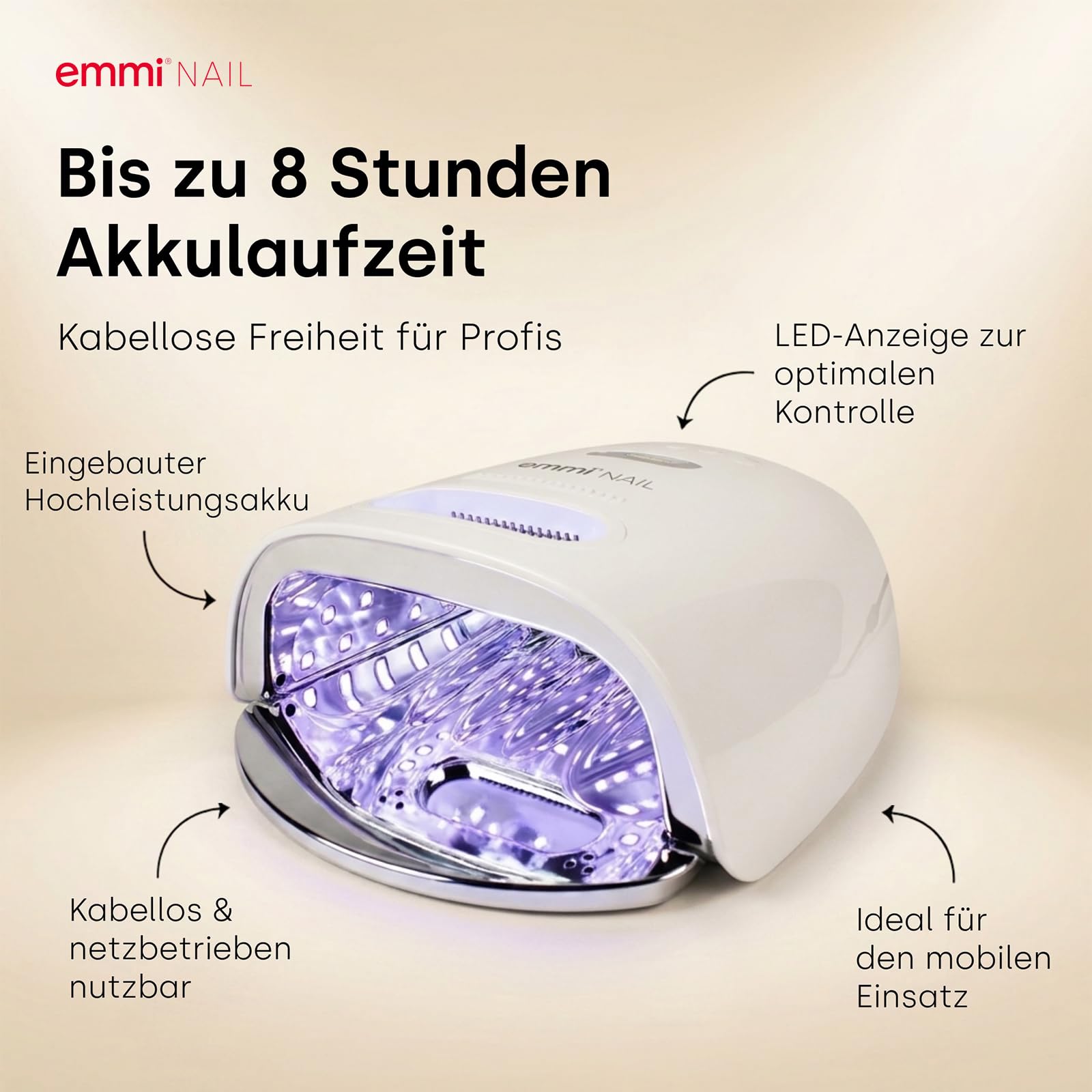 Emmi Nail Power 48 UV/LED-Lichthärtungsgerät I UV Lampe für Gelnägel mit eingebautem Akku I Nagellampe mit Startsensor, LED-Anzeige & 3 Timer-Einstellungen