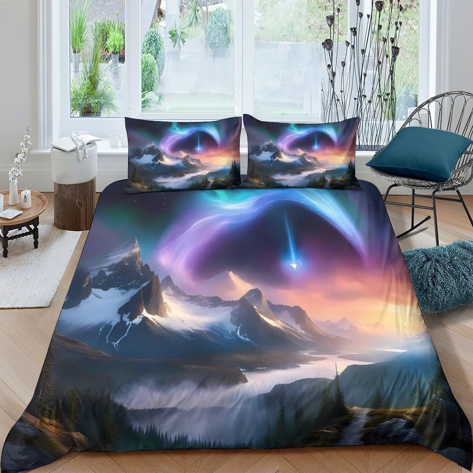 Ctjqhvkz Style-9 3D Printed Aurora Mountain Fitted Sheet Microfiber Soft Breathable Nebula Bed Cover For Bedroom Dorm Decor Mattress Protection Single（135X200cm）