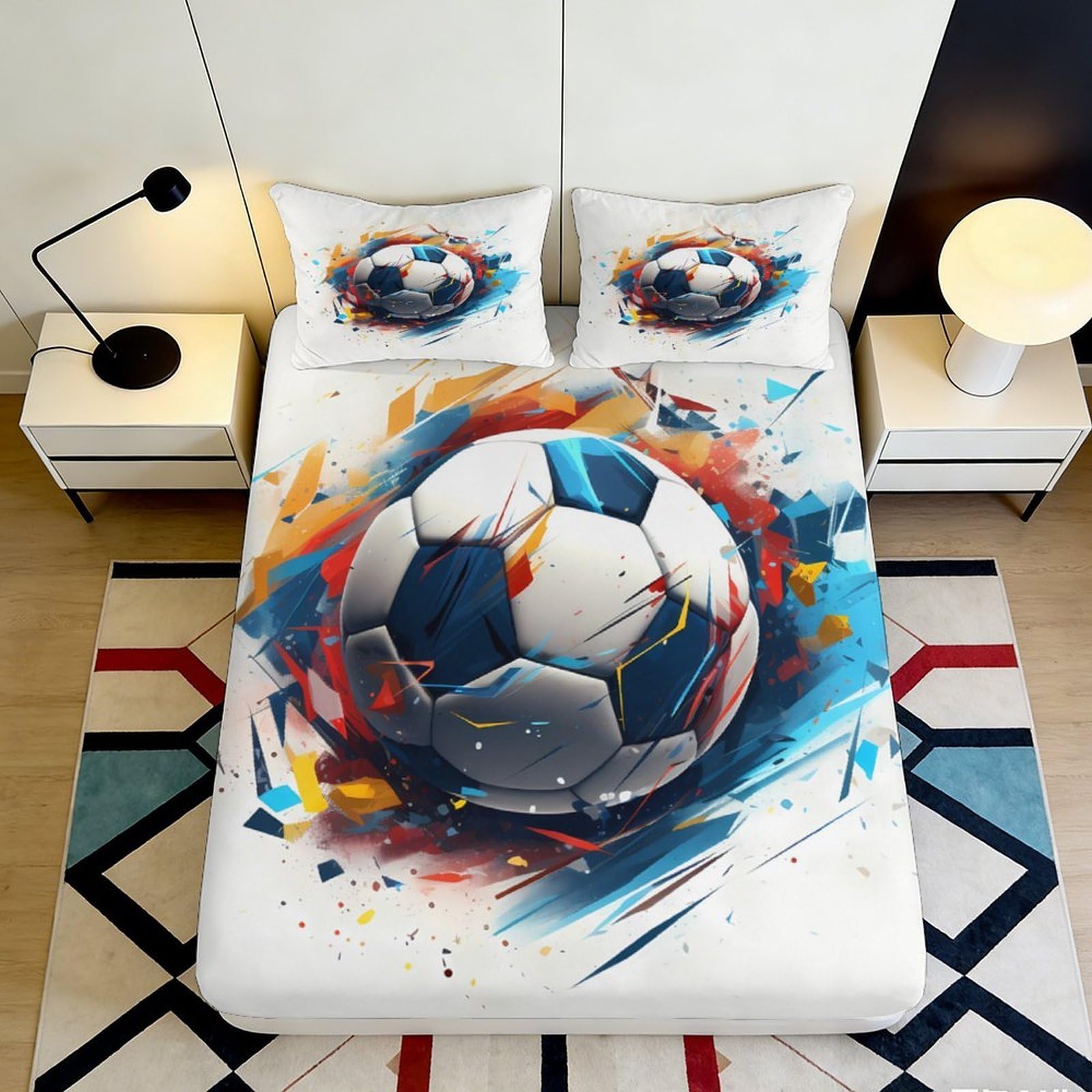 3D Printed Graffiti Soccer Fitted Sheet Microfiber Soft Mattress Cover Colorful Football Decor for Bedroom Dorm Home 90x200x25cm
