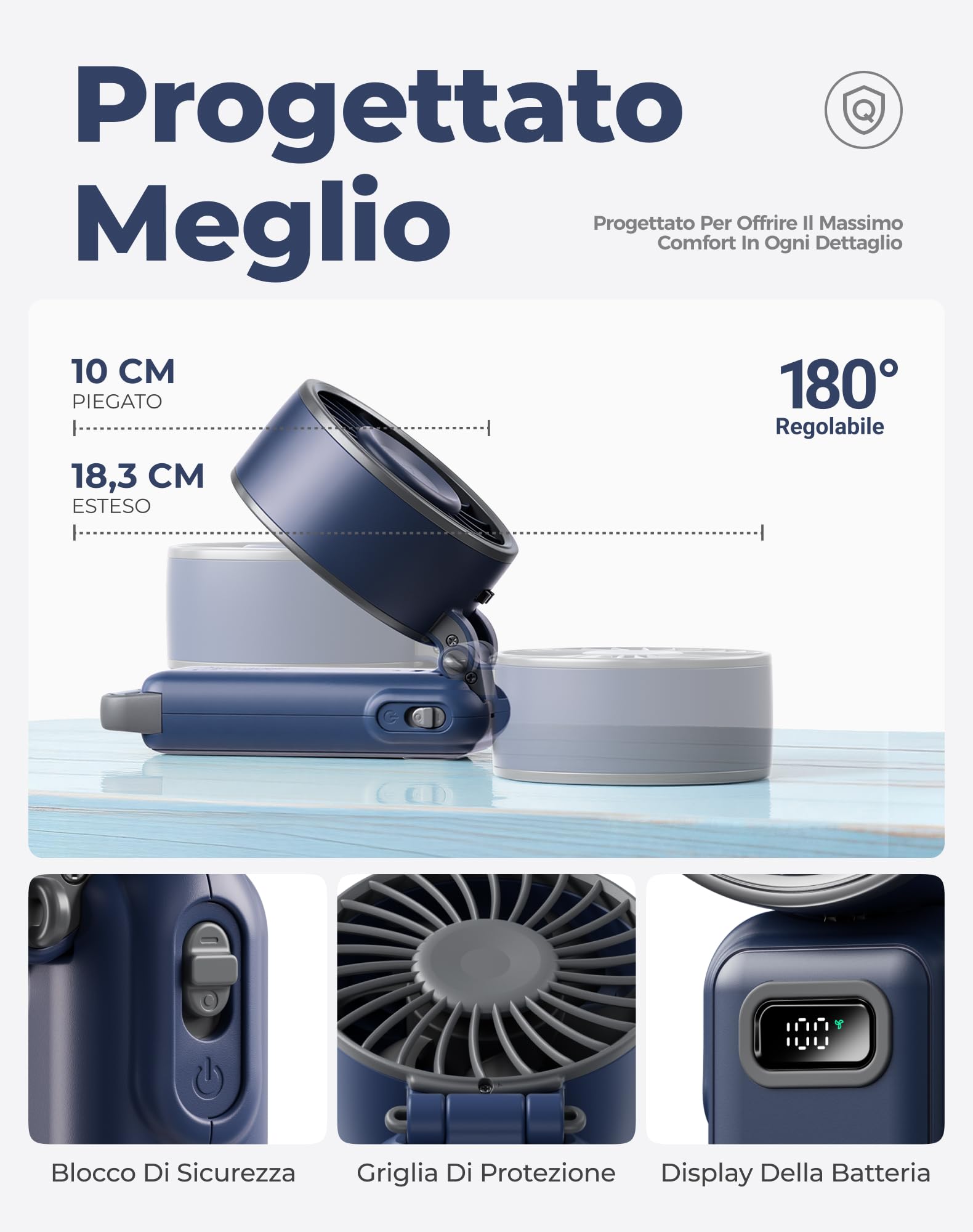 Diveblues Mini Ventilatore Portatile a Mano, Ventilatore Turbo USB Ricaricabile Pieghevole, 100 Velocità, Fino a 12 Ore di Autonomia, Ventilatore 4-in-1 da Tavolo e da Collo per Viaggi e Outdoor