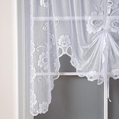 Miniatura 5 de Cortina transparente de encaje de punto floral blanco con cinta, altura ajustable, media cortina de cocina, cenefa de cocina para ventana pequeña,