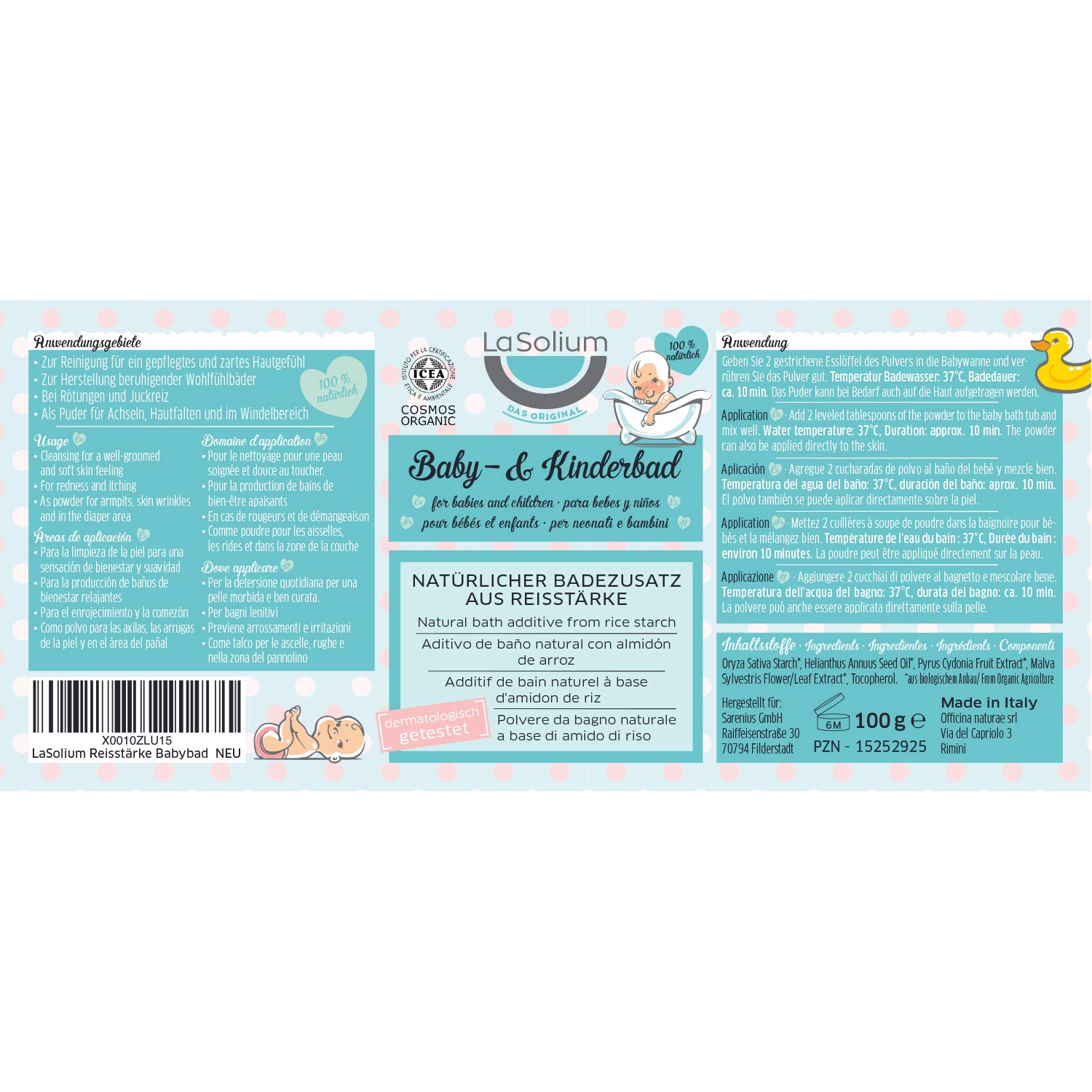 Bio Polvo de almidón de arroz – baño para bebés 100% natural – calma la piel sensible de niños y bebés - sin perfume y dermotológicamente testado