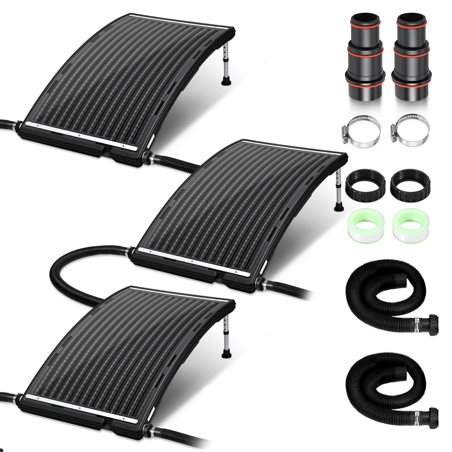 3 x riscaldatori solari per piscina, 110 x 65 x 35 cm, altezza regolabile, riscaldamento solare per piscina, 10000 l/h, attacco da 38 mm, per acqua calda e piscina