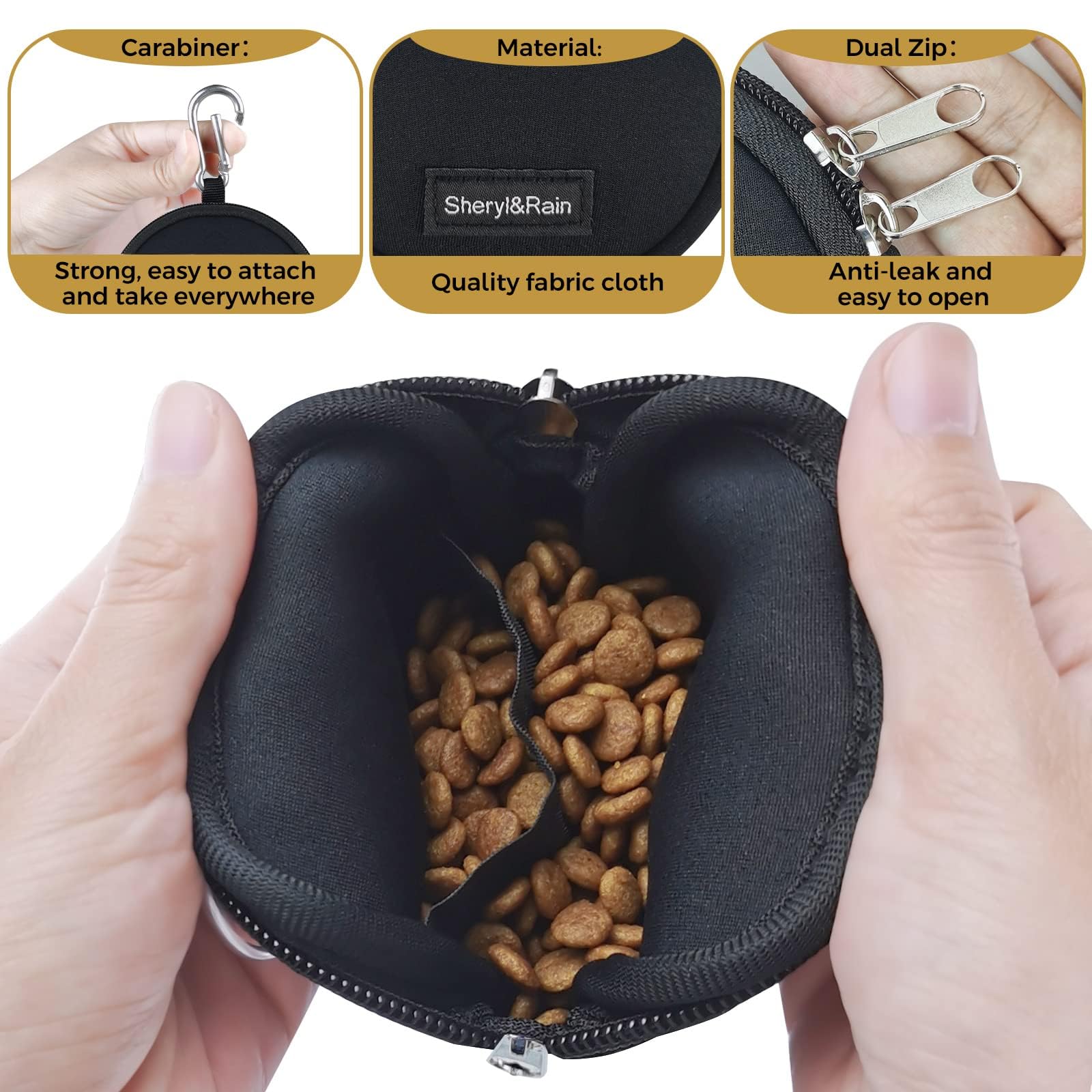 Sheryl&Rain Porta Crocchette per Cani Addestramento con Zip,Porta Premietti per Cani Piccoli,Mini Borsa Addestramento Cane,Sacchetto Addestramento Cane Nero con Moschettone per Viaggio O Uso Esterno