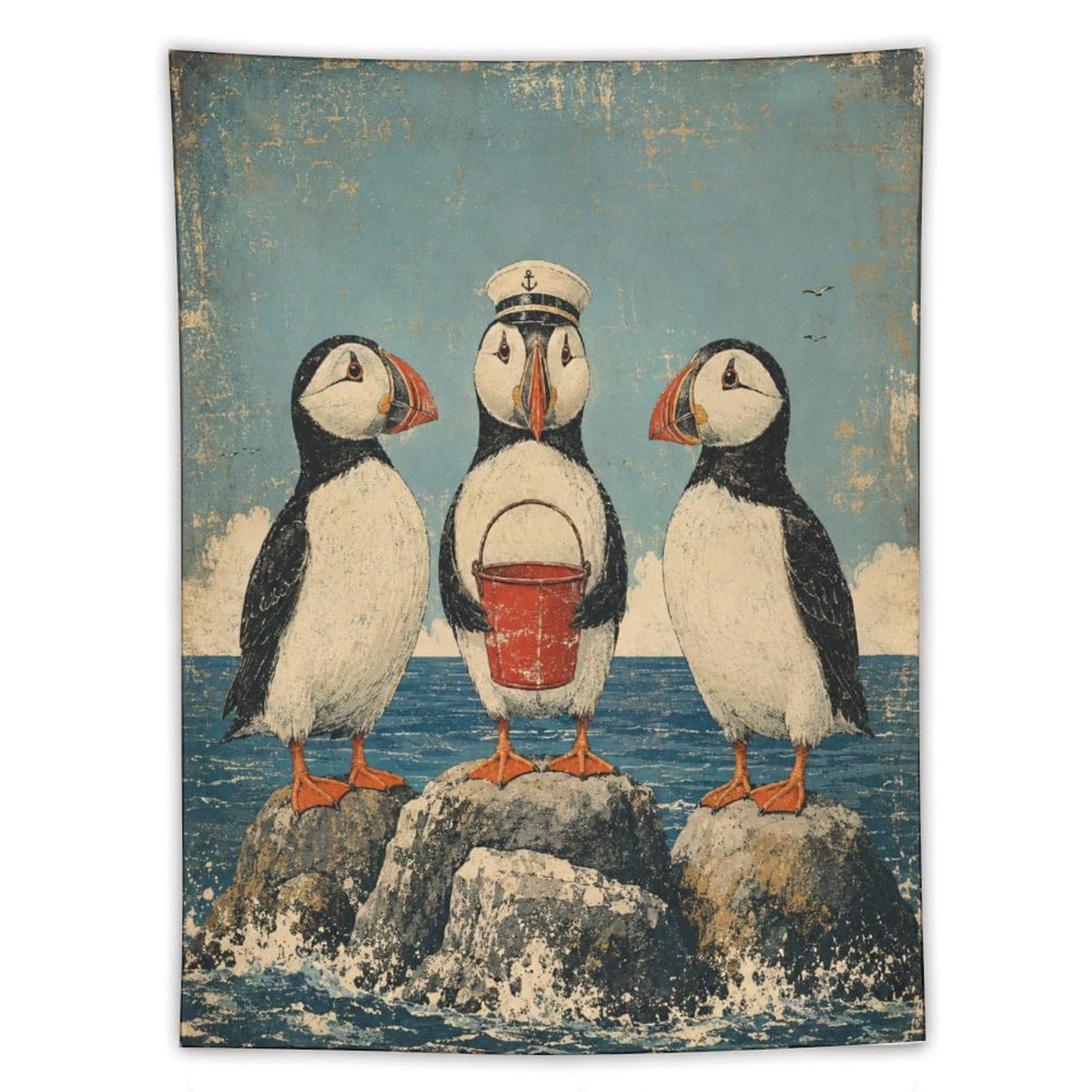 W7C8U2X3 Puffin Trio with Bucket Wall Tapestry, Folk Art, College Dorm