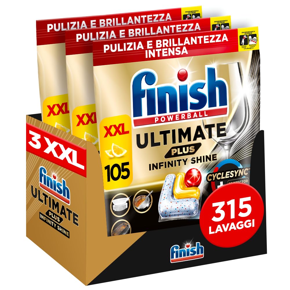 Finish Ultimate PLUS Infinity Shine Pastiglie Lavastoviglie al Limone, 315 Capsule con Scudo Protettivo contro lo Sporco e i Residui Incrostati