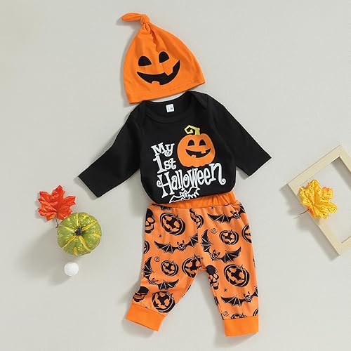 Miniatura 3 de Traje de Halloween para bebé niña niño calabaza mi primer Halloween manga larga mameluco pantalones sombrero conjunto Halloween
