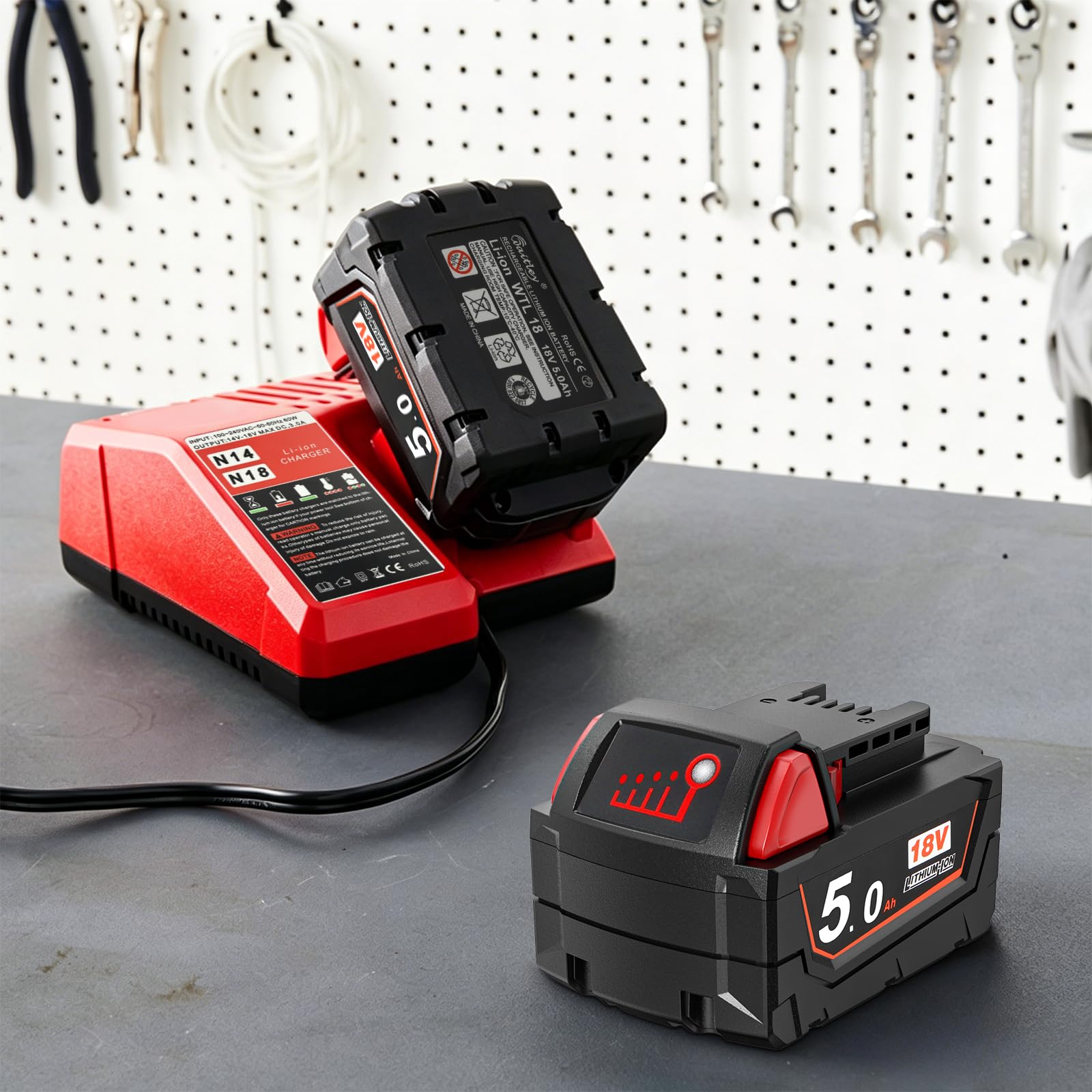 2x18V 5.0Ah Batteria Caricabatterie Kit Compatibile Con Milwaukee | Caricabatterie Rapido M18 compatibile con Milwaukee batterie 48-11-1815/1820/1828/1840/1850/1852/1860