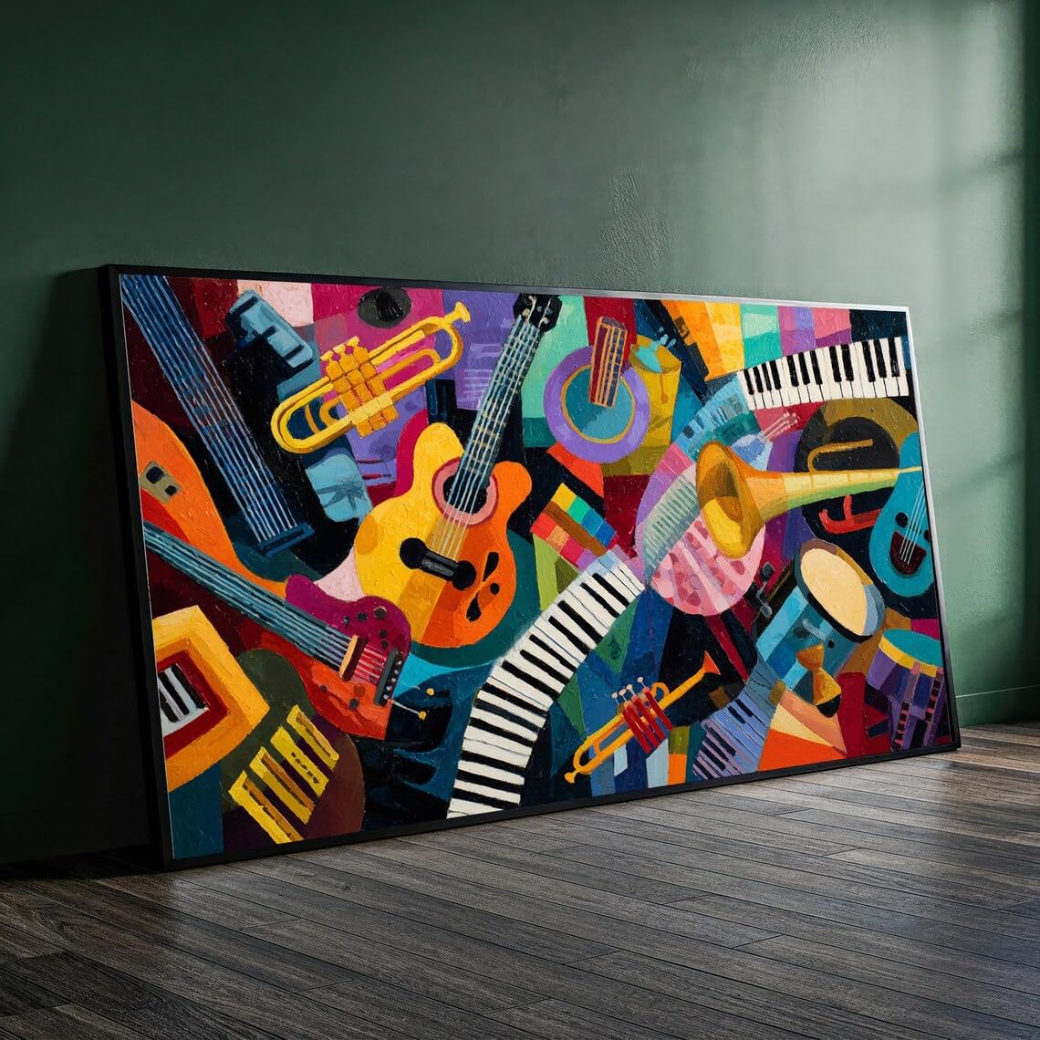 XINBAO Jazz Music Instruments Canvas Wall Art, Painting with Guitar, Piano, Trumpet and Drums for Living Room or Studio Decor(70x130cm/Frameless)