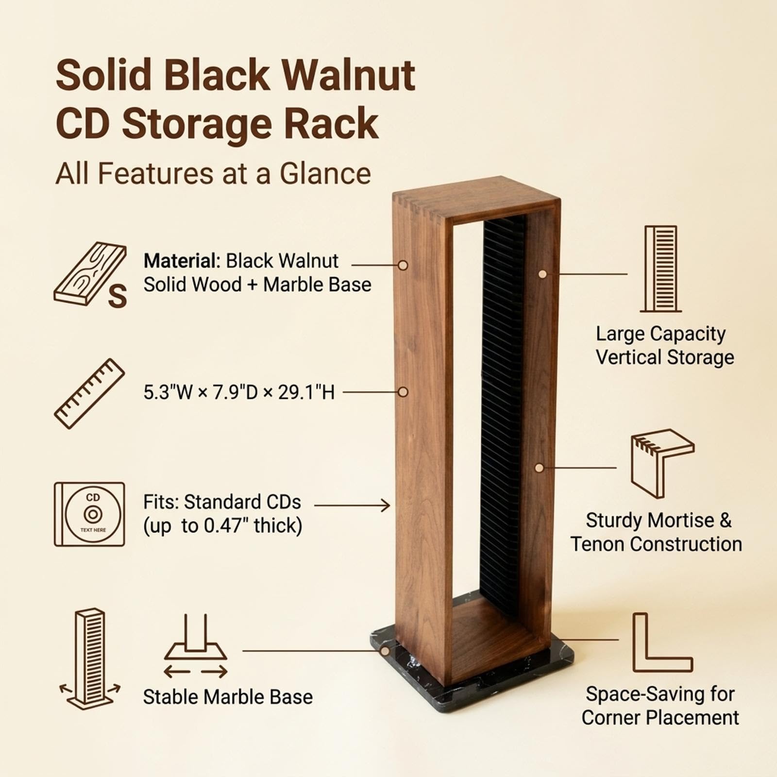 Estante Vinilos Madera Maciza, Soporte CD Vertical Nogal. | Estante vertical para discos de vinilo, mueble organizador para salón, sala de música.(20x18x108cm/7.9x7.1x42.5in)