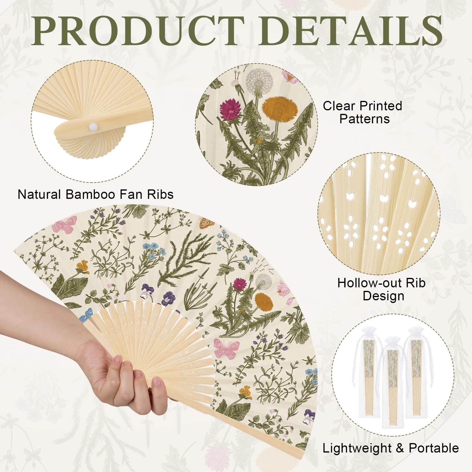 Faltbarer Handfächer mit Organza-Beuteln, Motiv: Wildblumen, Teeparty, Gastgeschenke für Gäste, faltbar, Vintage-Blume, Papierfächer für Hochzeit, Brautparty, Partyzubehör, 25 Stück