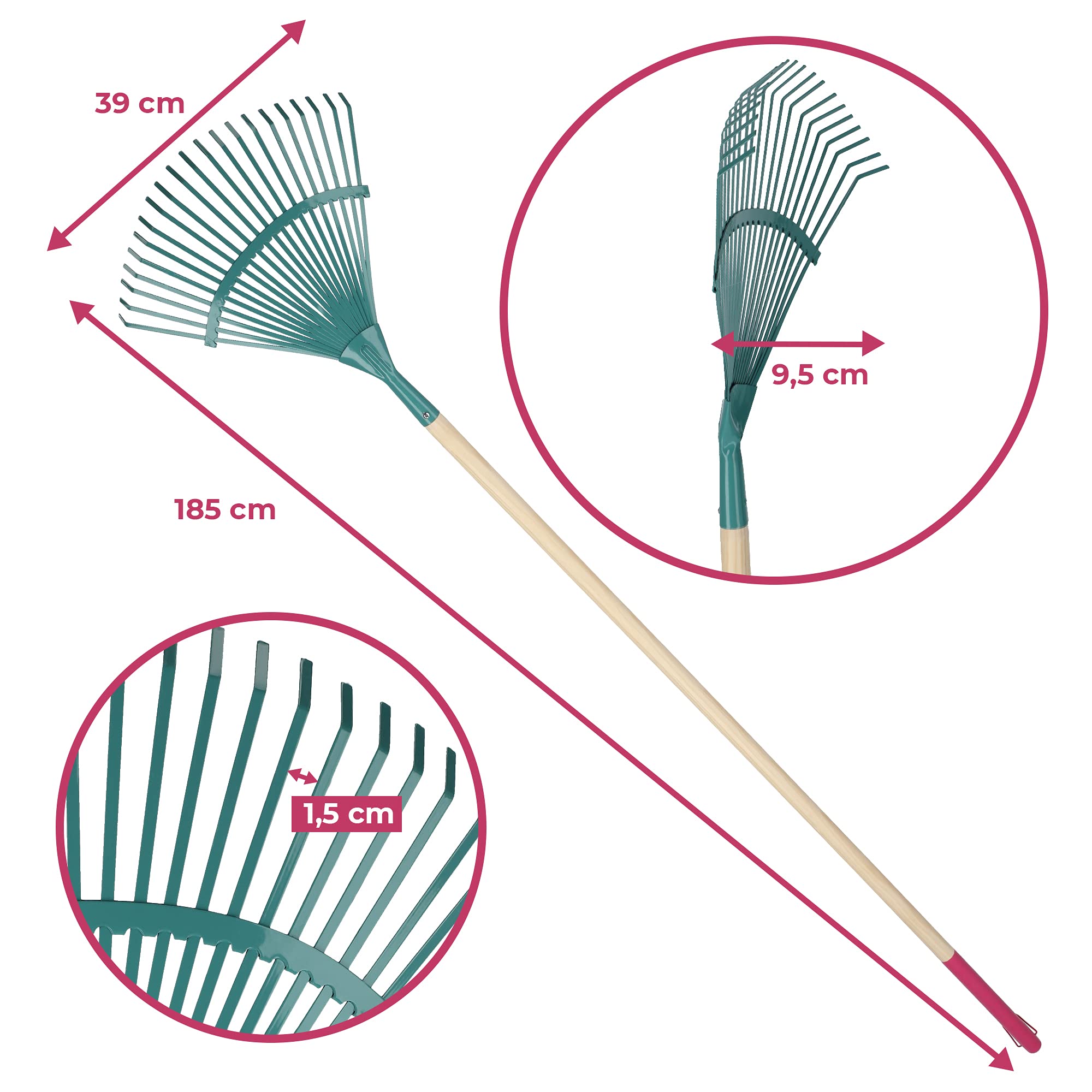 Kadax - Rastrillo de Madera con Mango Largo para jardín, rastrillo de jardín, cómodo rastrillo de jardín, césped, Escoba de Hojas, Herramienta de jardín, Herramienta de jardín, (Cinta de Acero)