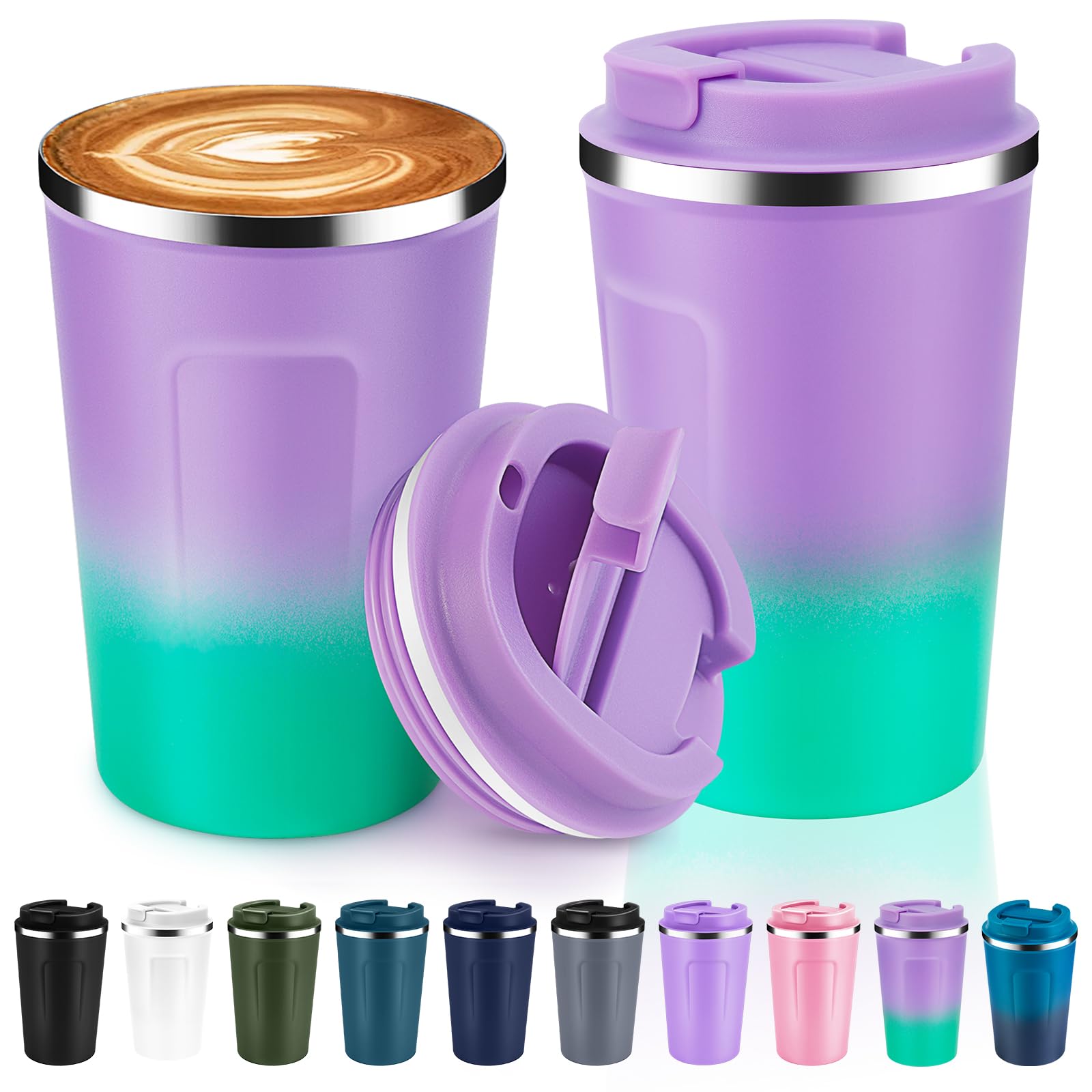 Volhoply 340ml 12oz Double Wall Insulated Vacuum Travel Coffee Mug with Flip Lid Bulk 2 Pack,Reusable Stainless Steel Leak Proof Coffee Cup,Cafe Thermal for Cold & Hot Drinks(Purple Green,2 Set)