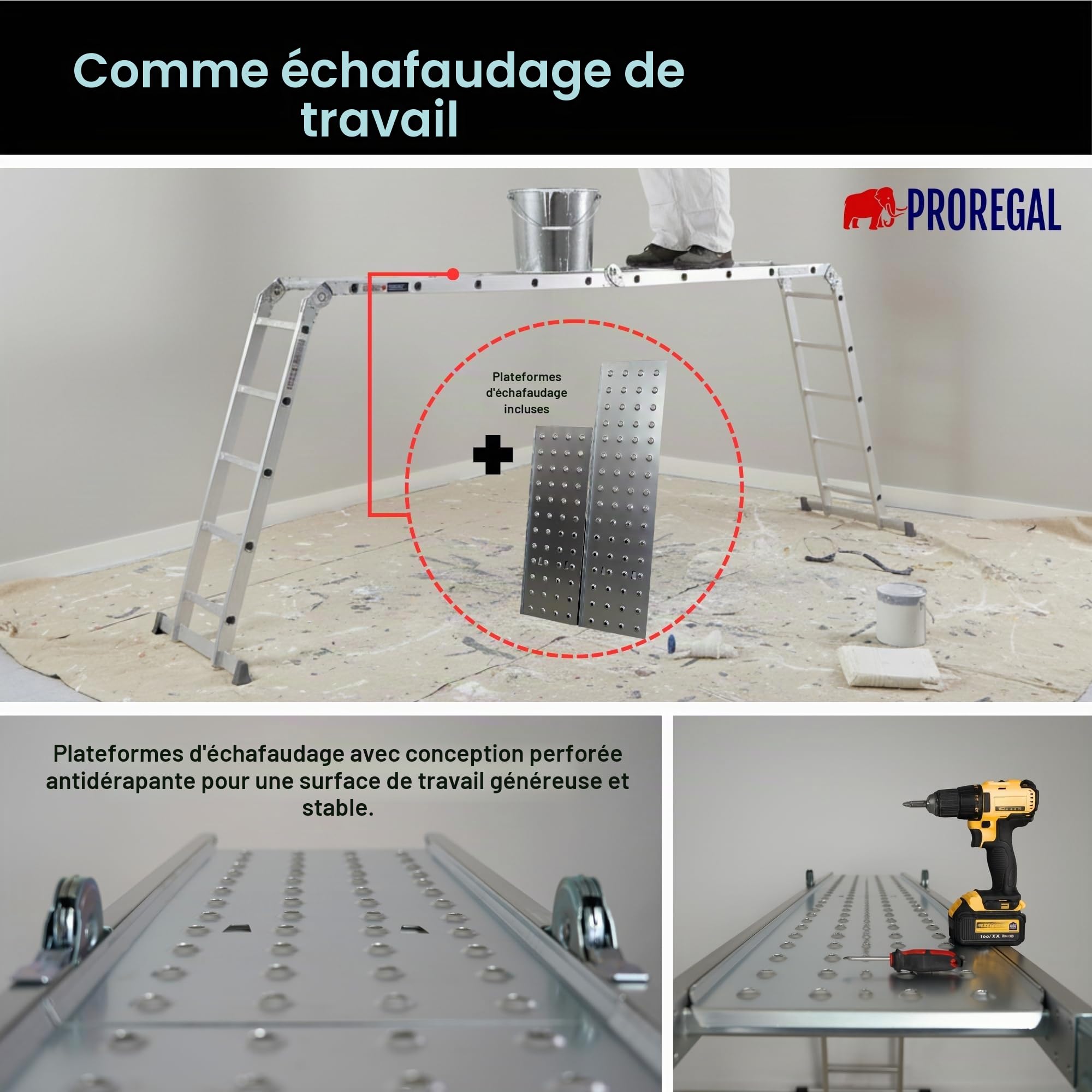 PROREGAL Échelle multifonctionnelle à barreaux MULTISTEP, 4 Parties en Aluminium, 4x5 barreaux, Hauteur maximale 5,7 m, Charge maximale 150 kg, échafaudage, échelle Double, échelle Simple
