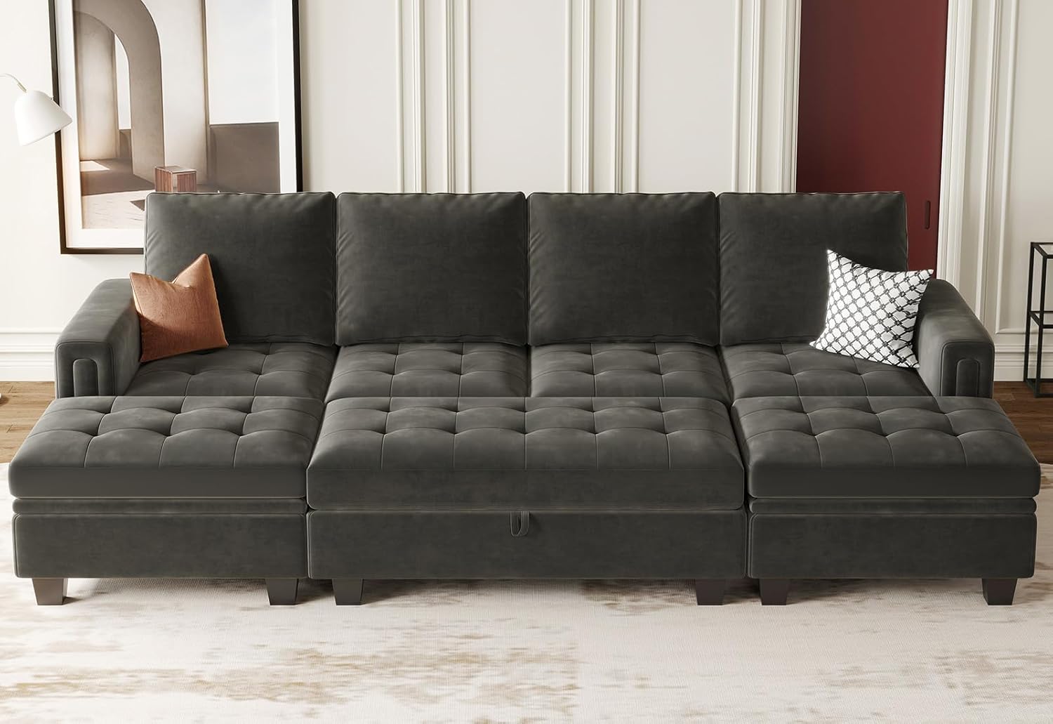 Belffin Velvet Convertible 4-Seat Sectional Sleeper Sofa with Reversible Chaise Sleeper Sectional Couch Bed with Storage Ottoman Sectional Sofa Couch Set Grey