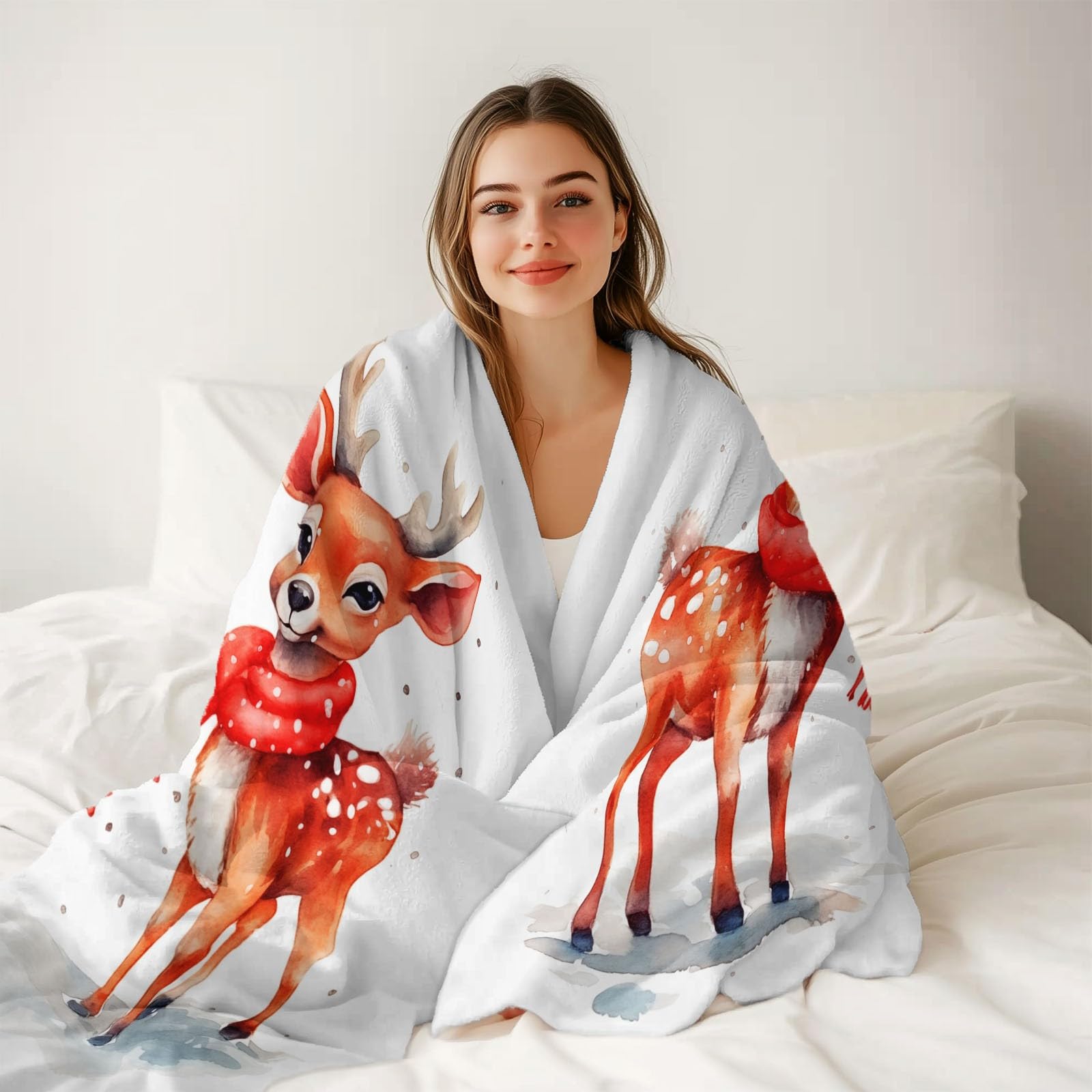 Manta con Estampado de Ciervo Navideño De Dibujos Animados En Acuarela, Manta Crema de Franela Doble Cara Suave Ligera y Fácil Cuidado, para Cama sofá Oficina Coche Viajes Camping - 200 x 220 cm