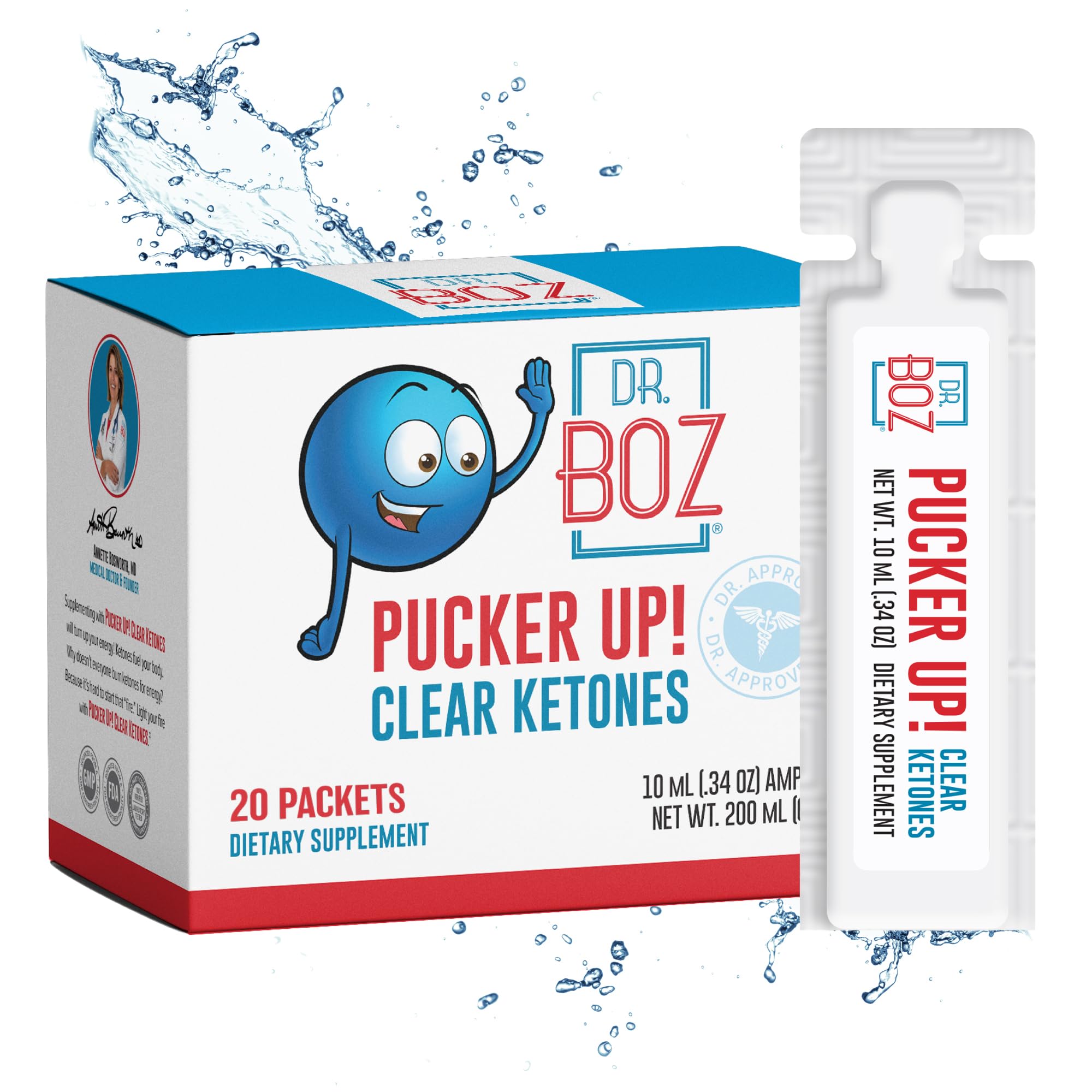 Dr. Boz - Pucker UP! Clear Ketones, 20 Packets - Pure Liquid BHB - Fast Acting Exogenous Ketones - Increase Energy & Clarity - Max Strength - Quality Tested - Made in USA - Keto Diet - 0.34oz (10ml)