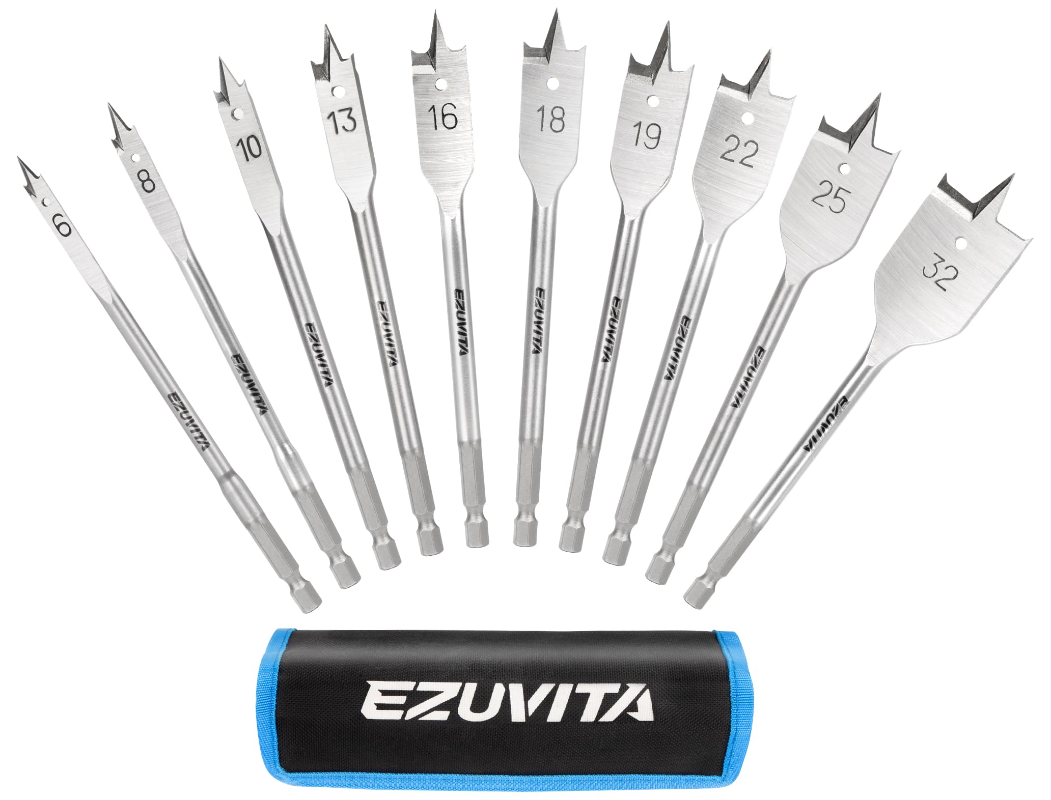 EZUVITA 10pcs Wood Spade Drill Bits Set 152mm, Carbon Steel Paddle Flat Bit for Hole Cutter Woodworking, 6mm to 32mm, Quick-Change Hex Shank, Acrossed Bits with Storage Pouch