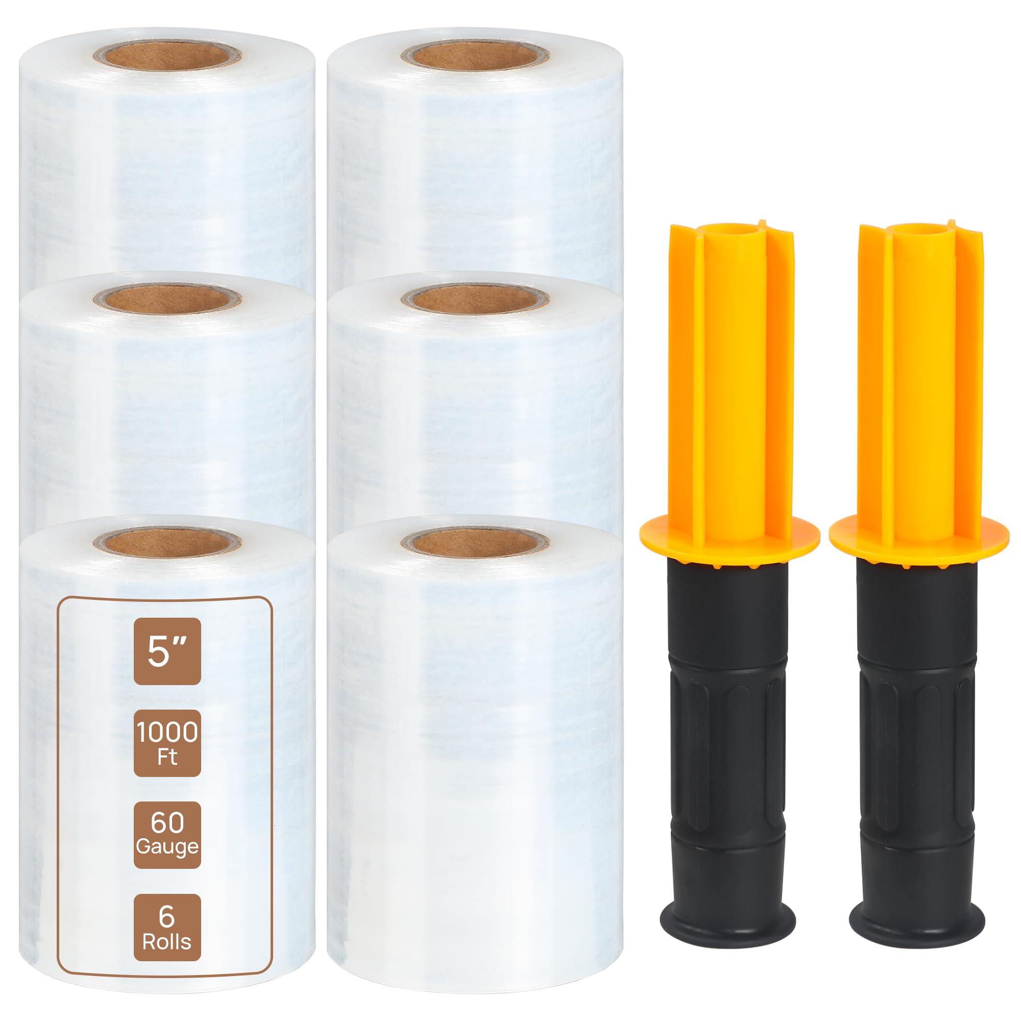 6 Pcs 5" x 1000ft x 60 Gauge Stretch Film Clear Wraping Film Roll with 2 Handles, Industrial Strength Plastic Moving Stretch Film for Moving, Pallet Wrapping, Self Adhering Heavy Duty Shrink Film